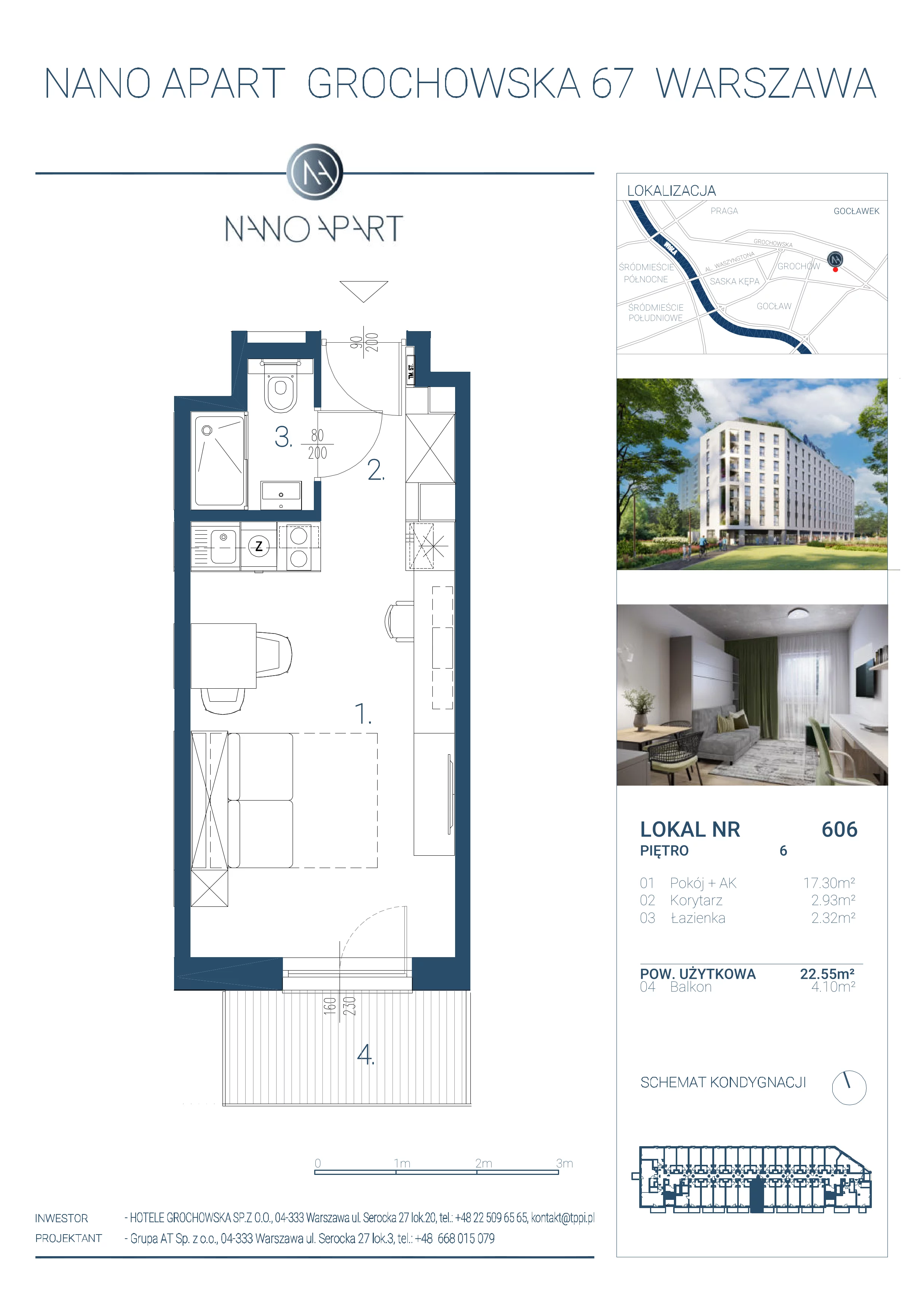 1 pokój, apartament 22,55 m², piętro 6, oferta nr 606, Nano Apart, Warszawa, Praga Południe, Gocławek, ul. Grochowska 63