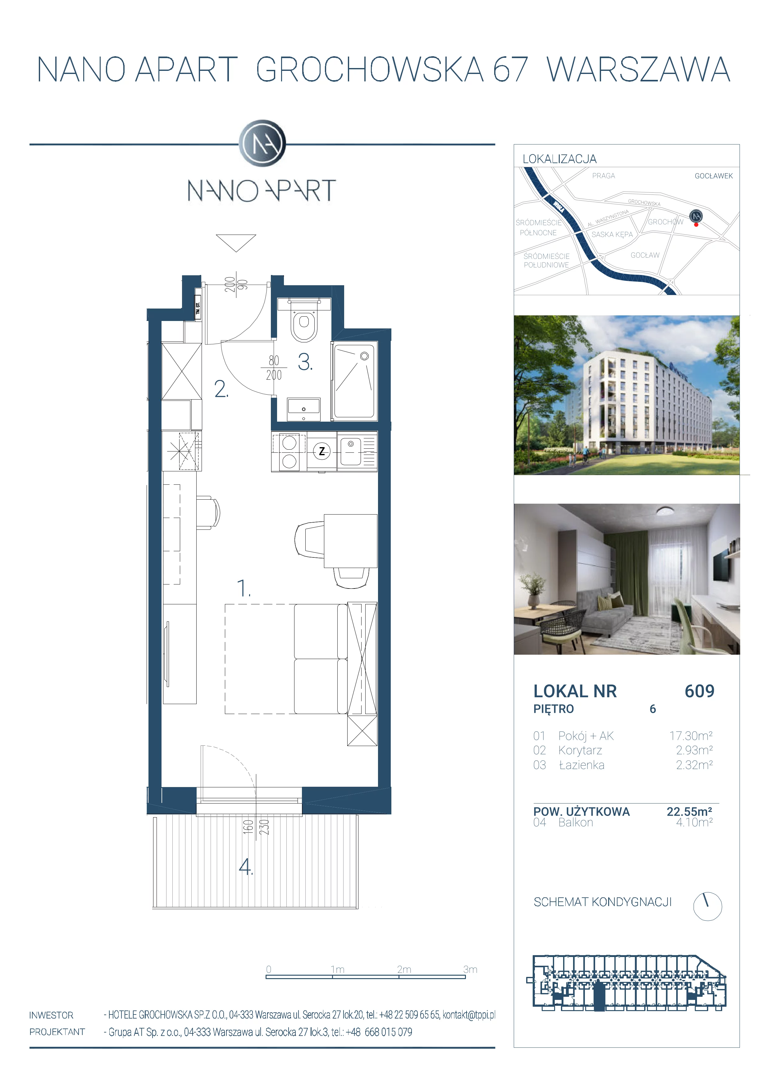 1 pokój, apartament 22,55 m², piętro 6, oferta nr 609, Nano Apart, Warszawa, Praga Południe, Gocławek, ul. Grochowska 63