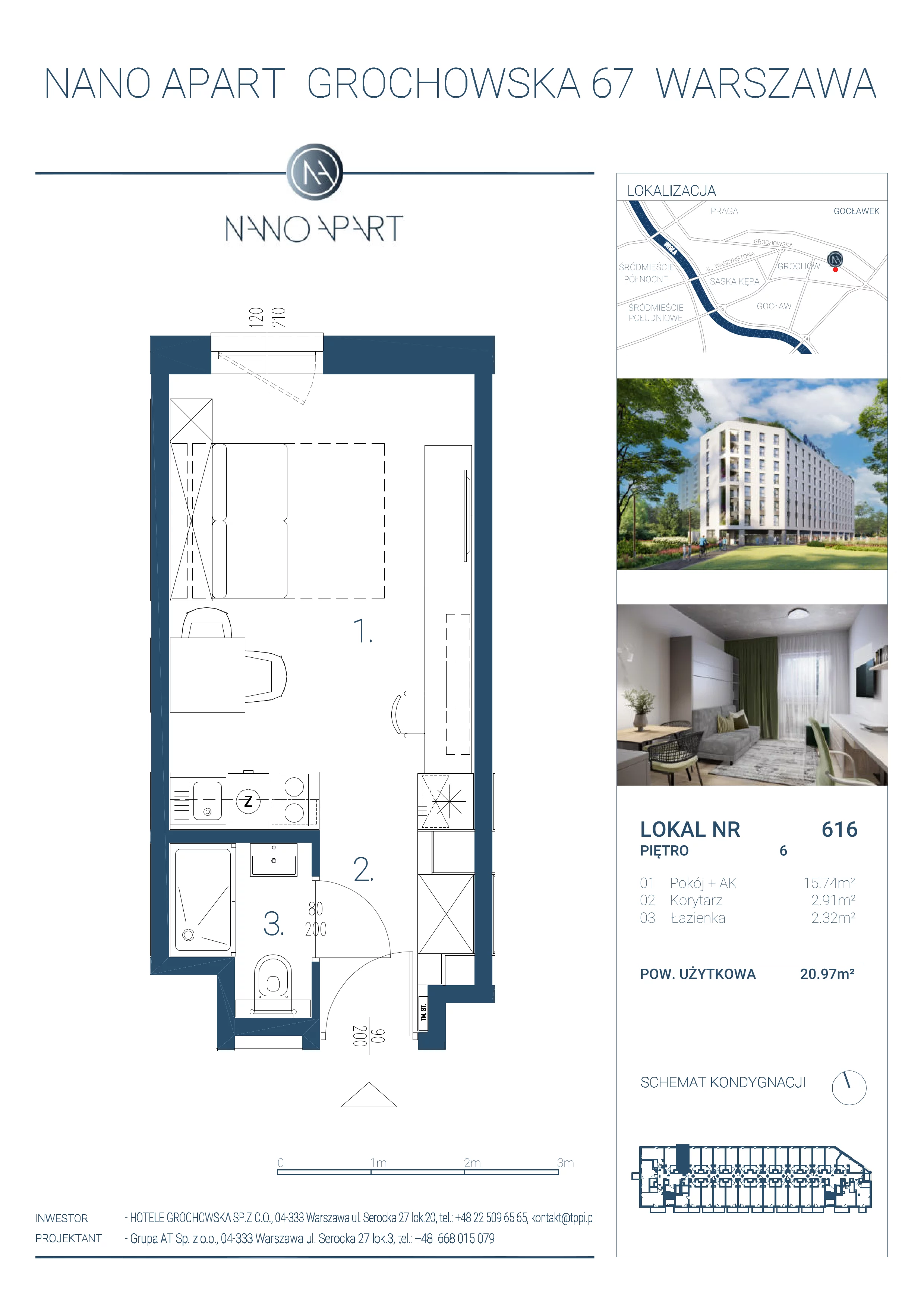 1 pokój, apartament 20,97 m², piętro 6, oferta nr 616, Nano Apart, Warszawa, Praga Południe, Gocławek, ul. Grochowska 63