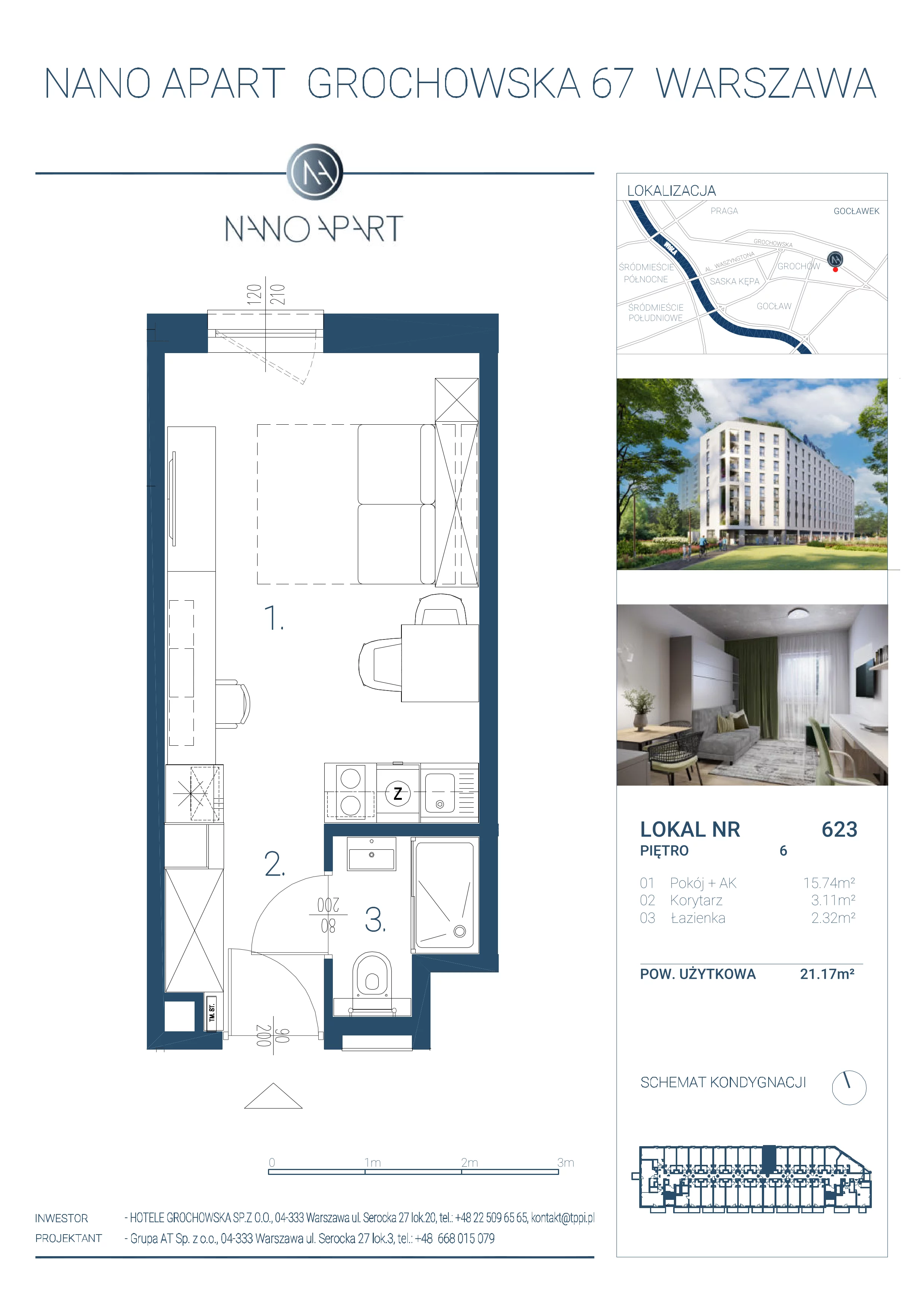 1 pokój, apartament 21,17 m², piętro 6, oferta nr 623, Nano Apart, Warszawa, Praga Południe, Gocławek, ul. Grochowska 63