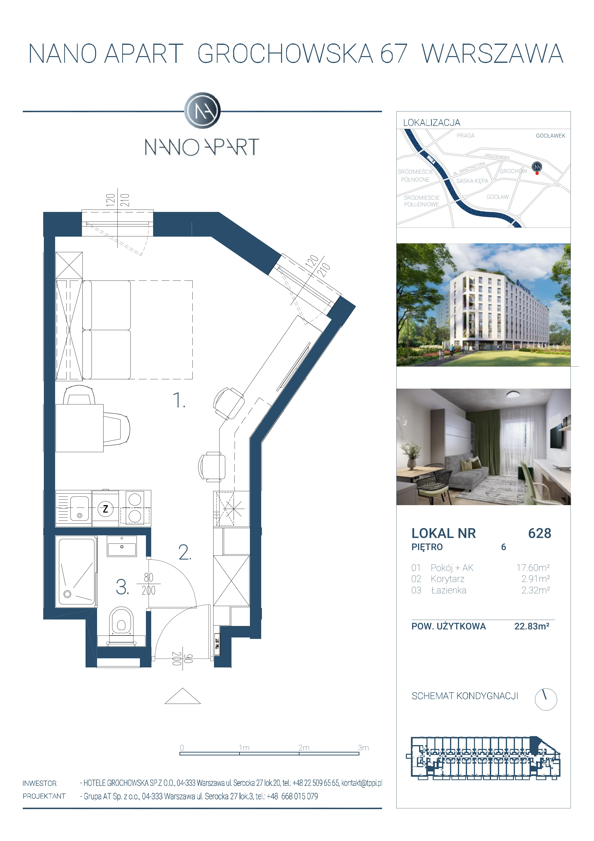 1 pokój, apartament 22,83 m², piętro 6, oferta nr 628, Nano Apart, Warszawa, Praga Południe, Gocławek, ul. Grochowska 63