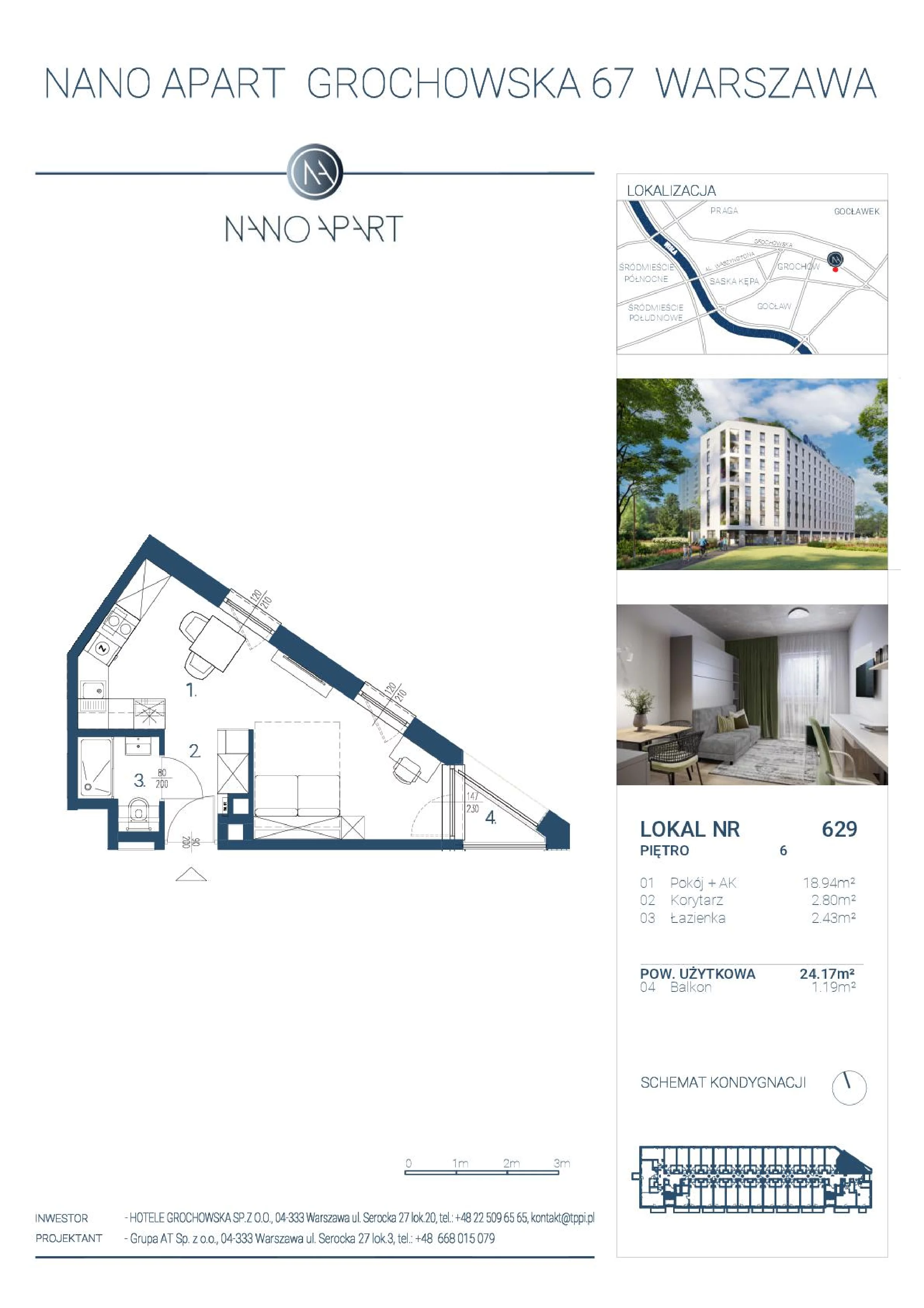 1 pokój, apartament 24,17 m², piętro 6, oferta nr 629, Nano Apart, Warszawa, Praga Południe, Gocławek, ul. Grochowska 63