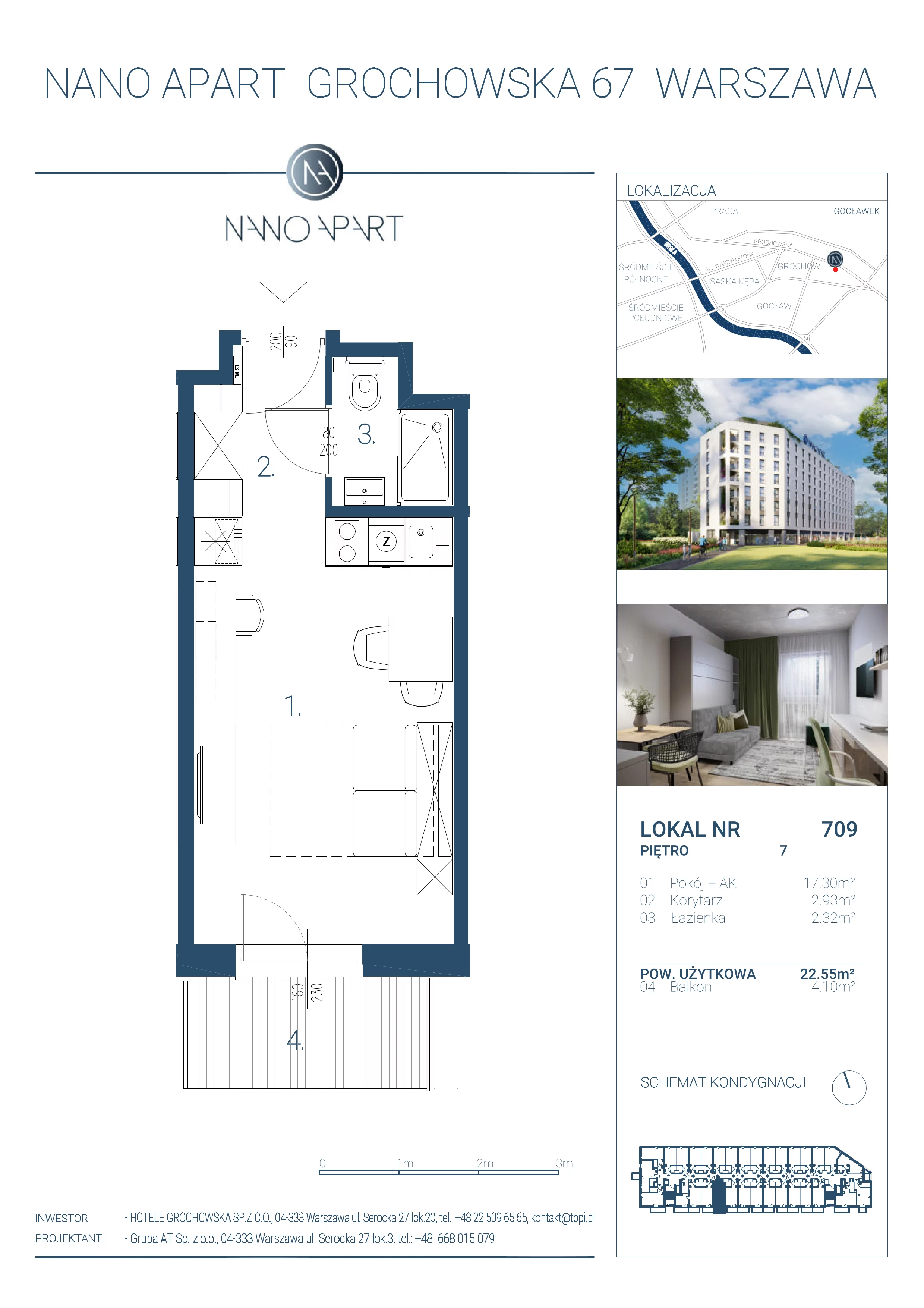 1 pokój, apartament 22,55 m², piętro 7, oferta nr 709, Nano Apart, Warszawa, Praga Południe, Gocławek, ul. Grochowska 63