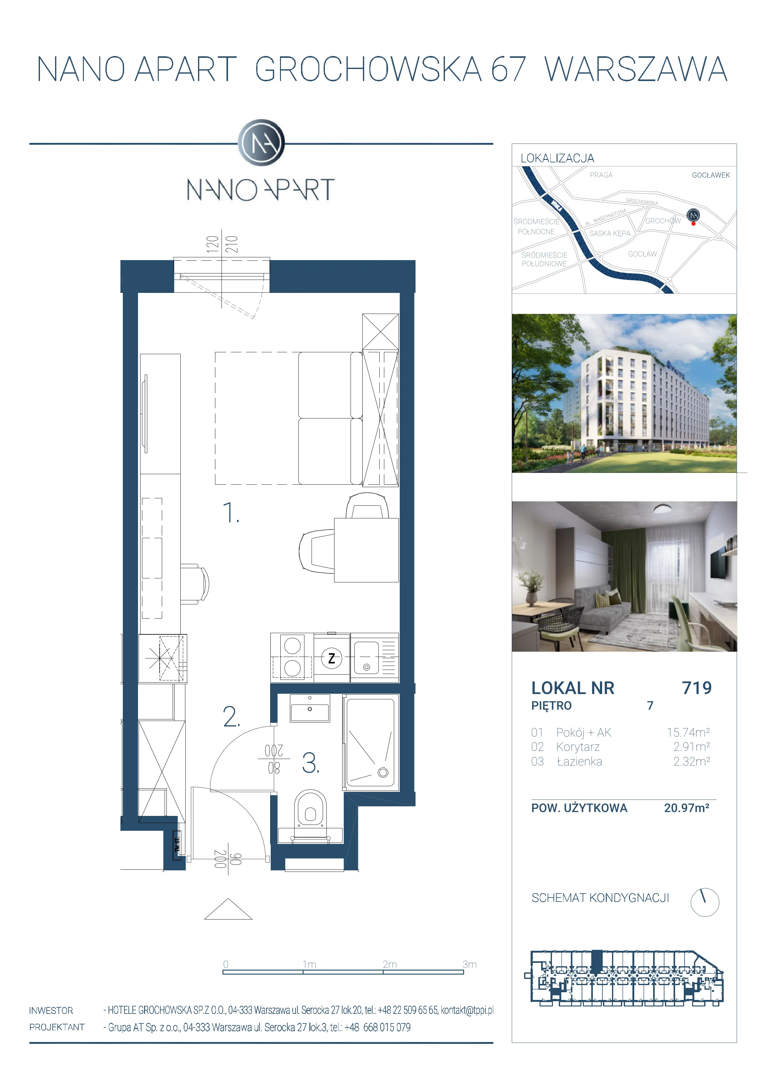 1 pokój, apartament 20,97 m², piętro 7, oferta nr 719, Nano Apart, Warszawa, Praga Południe, Gocławek, ul. Grochowska 63