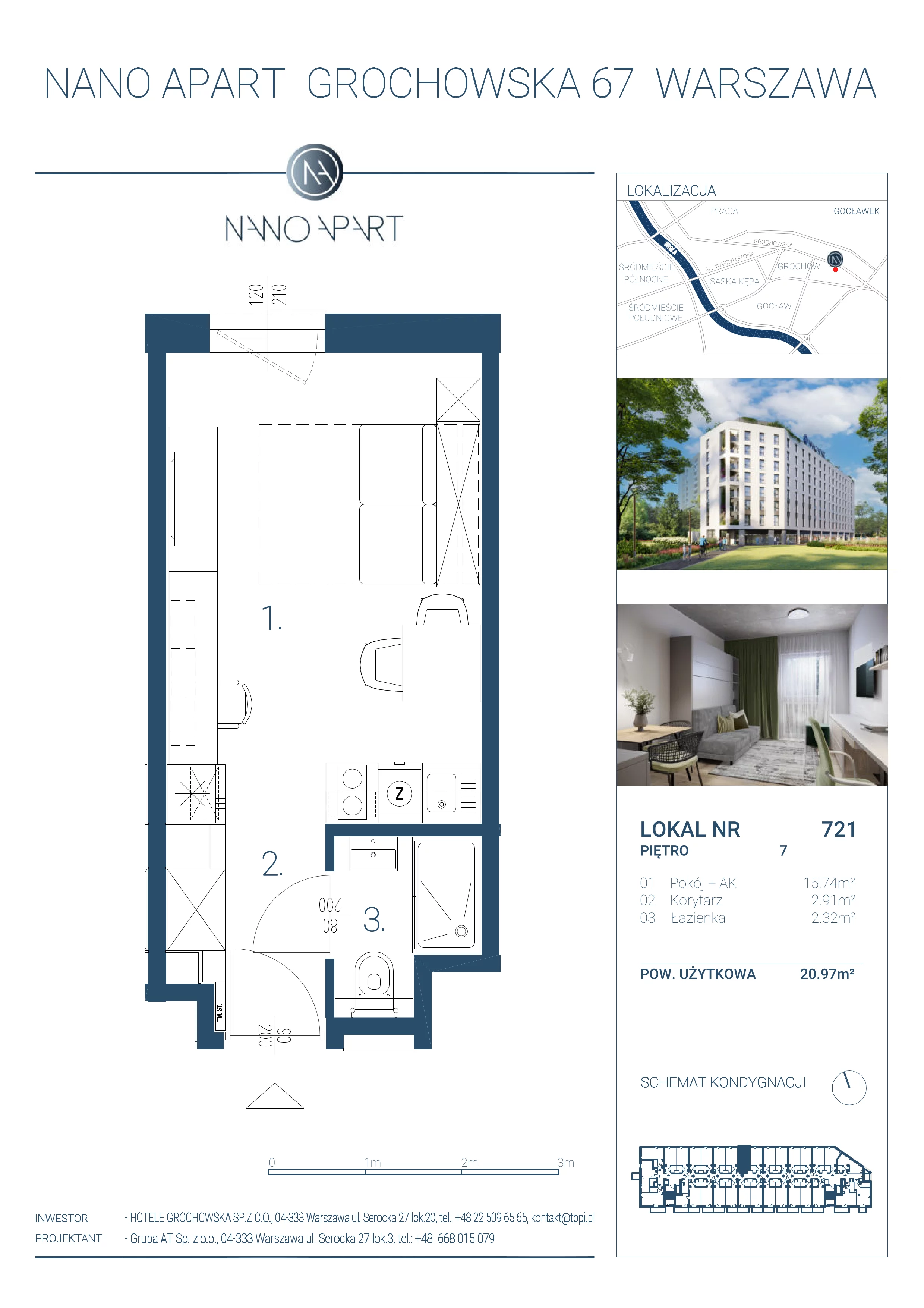 1 pokój, apartament 20,97 m², piętro 7, oferta nr 721, Nano Apart, Warszawa, Praga Południe, Gocławek, ul. Grochowska 63