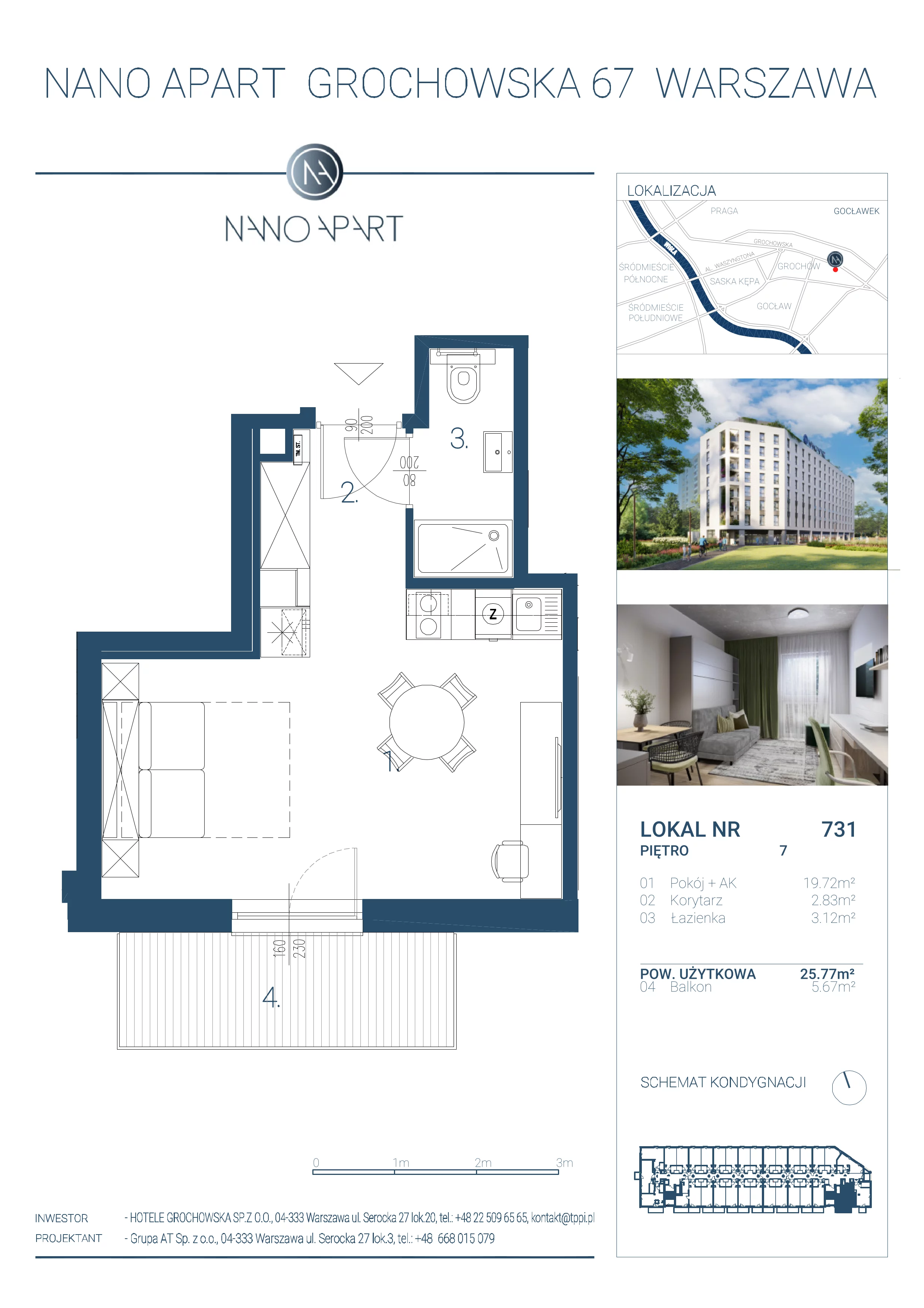 1 pokój, apartament 25,67 m², piętro 7, oferta nr 731, Nano Apart, Warszawa, Praga Południe, Gocławek, ul. Grochowska 63
