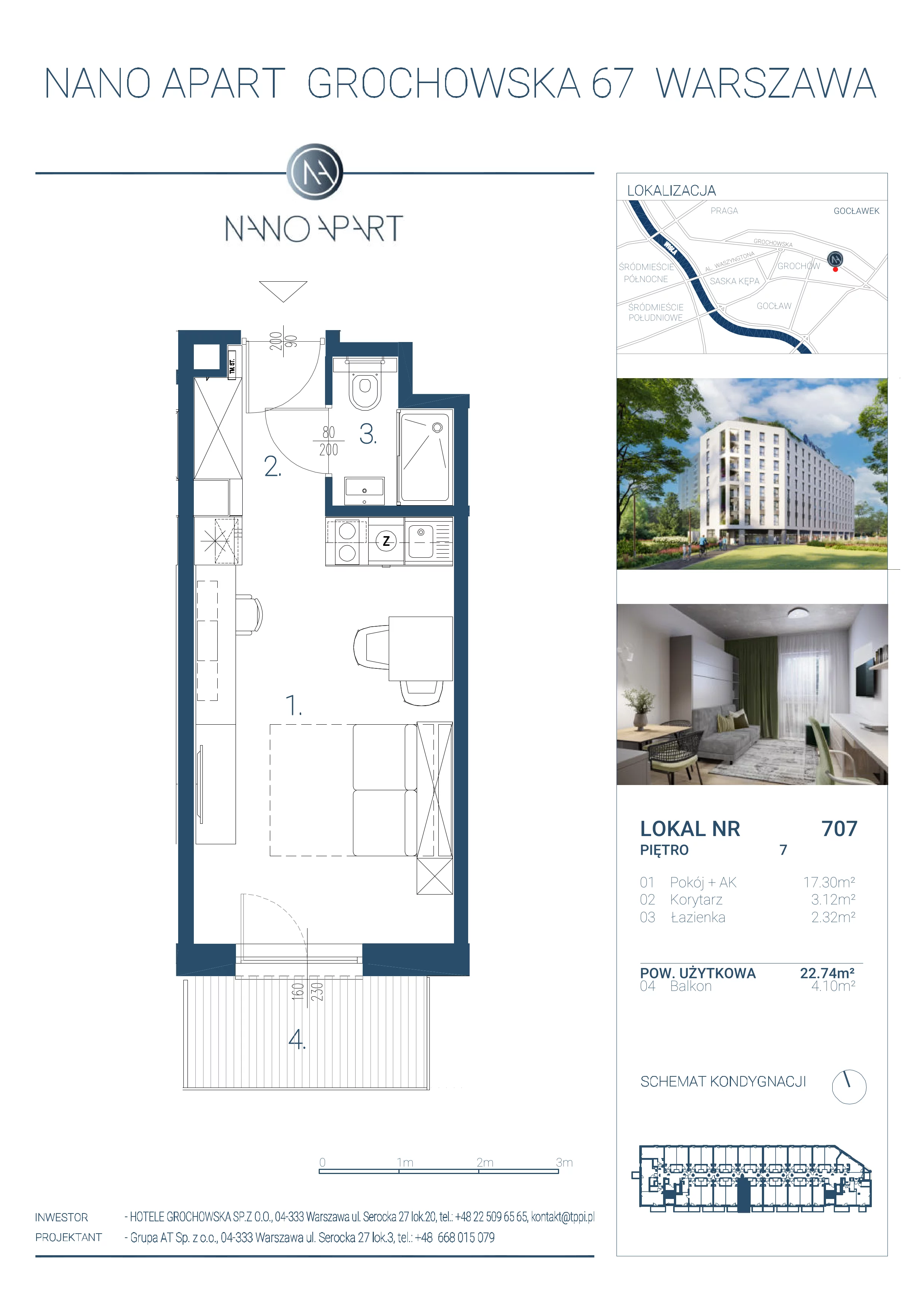 1 pokój, apartament 22,74 m², piętro 7, oferta nr 707, Nano Apart, Warszawa, Praga Południe, Gocławek, ul. Grochowska 63