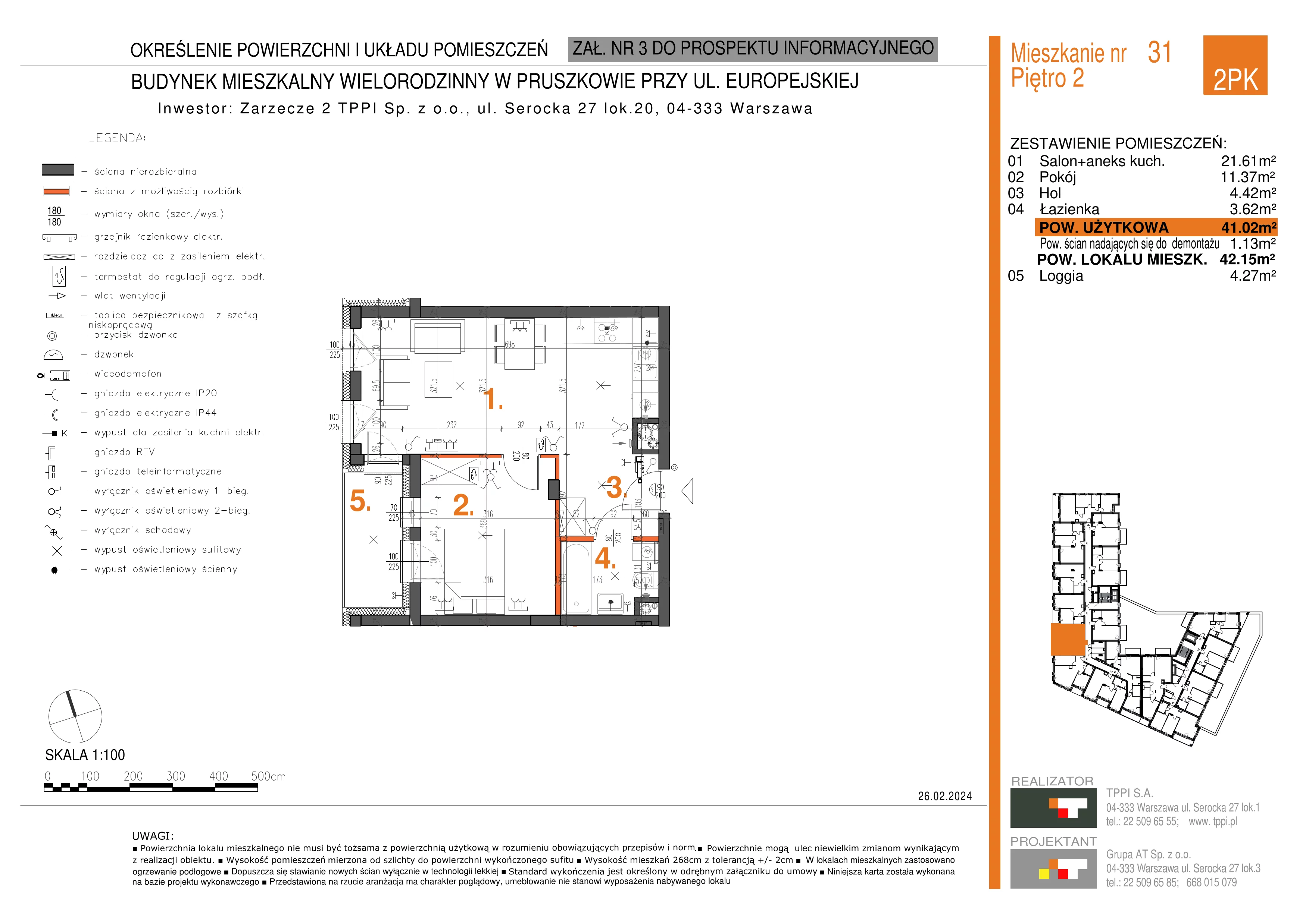 2 pokoje, mieszkanie 41,02 m², piętro 2, oferta nr 031, Zarzecze II, Pruszków, Żbików, Centrum, ul. Europejska 15
