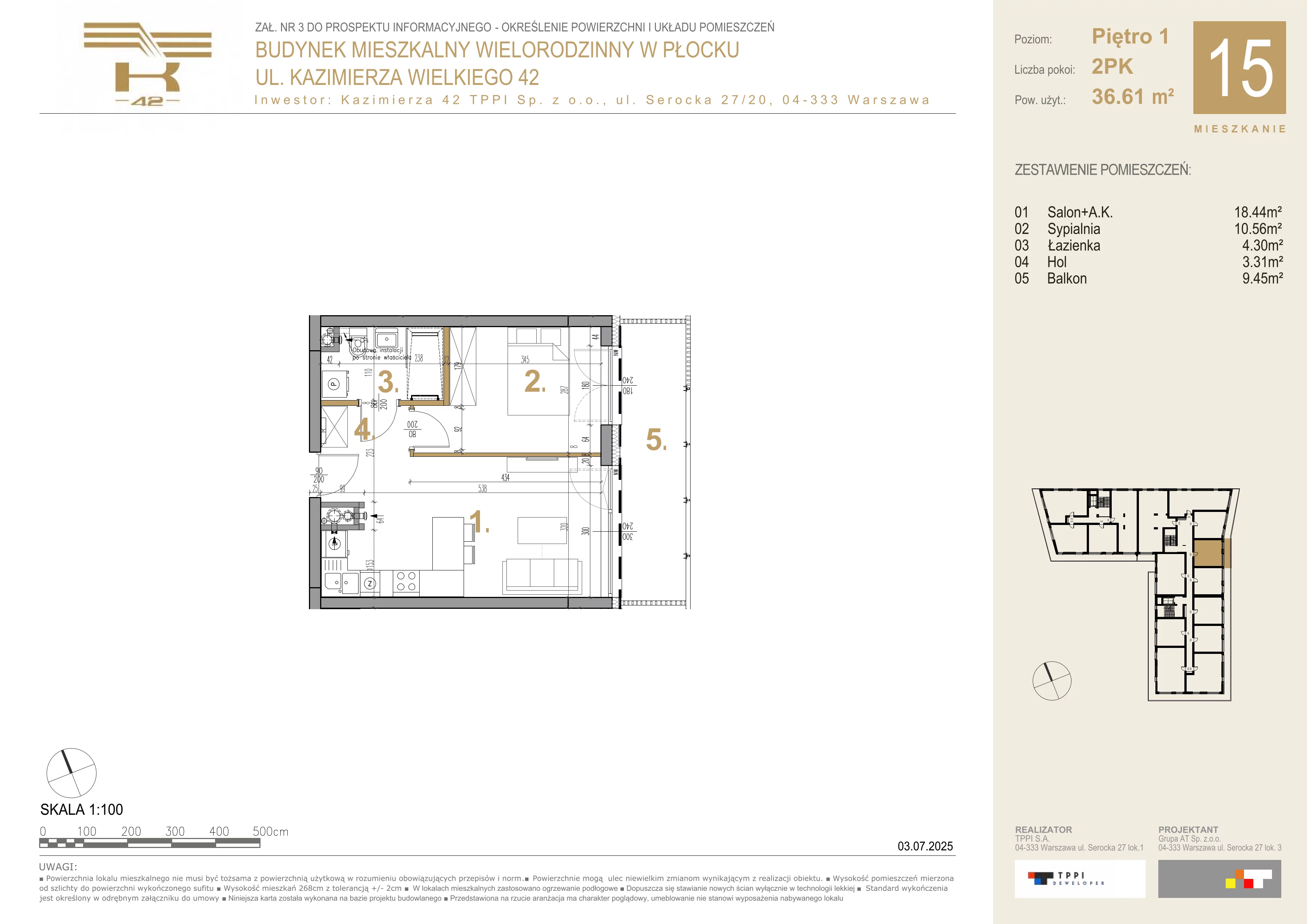 2 pokoje, mieszkanie 36,61 m², piętro 1, oferta nr 15, K-42, Płock, ul. Kazimierza Wielkiego 42