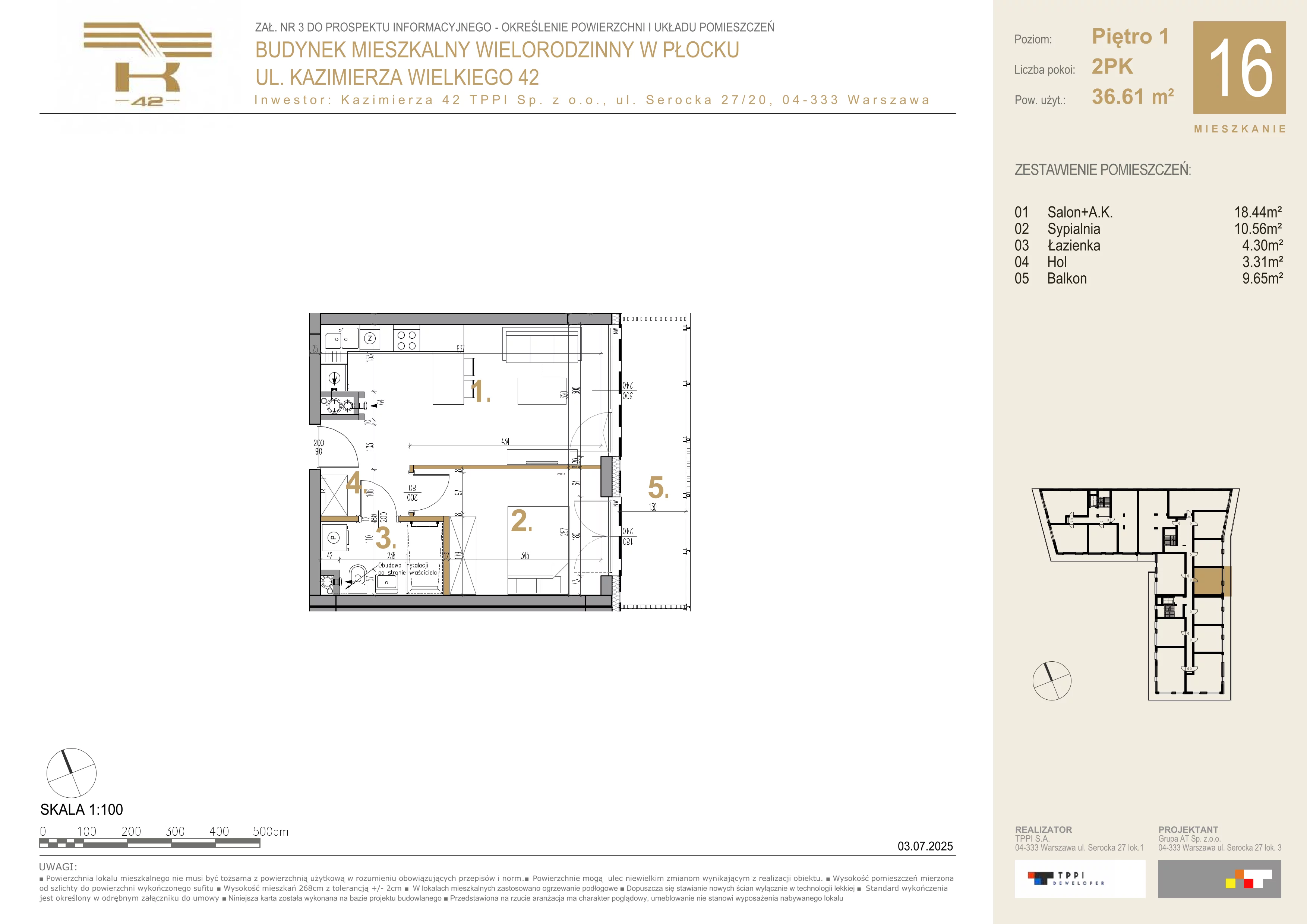 2 pokoje, mieszkanie 36,61 m², piętro 1, oferta nr 16, K-42, Płock, ul. Kazimierza Wielkiego 42