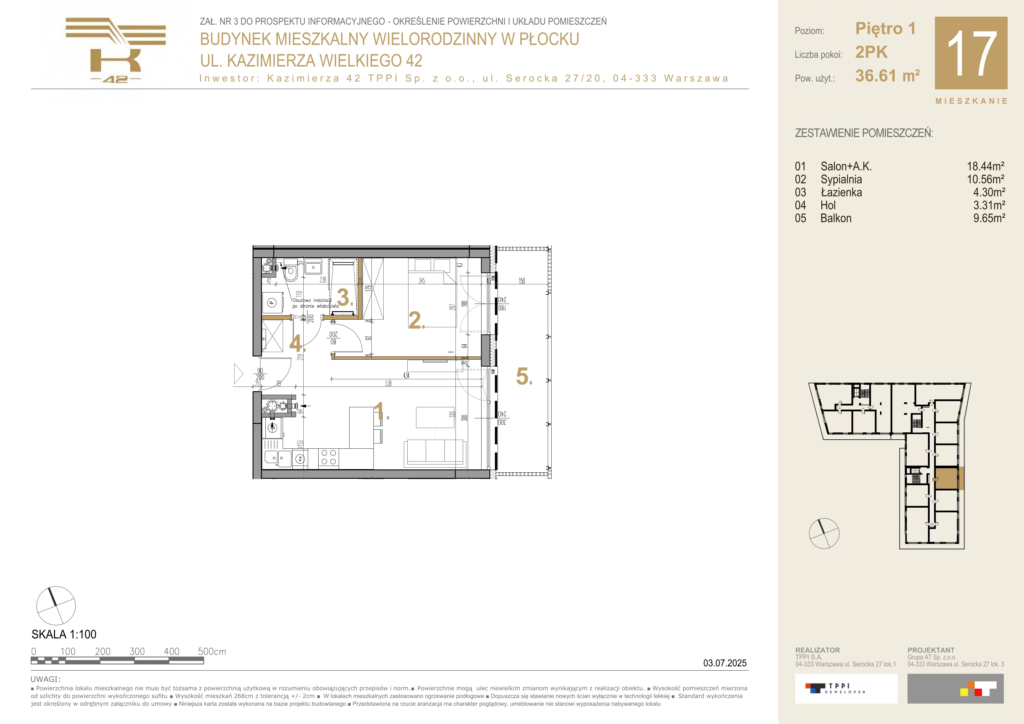 2 pokoje, mieszkanie 36,61 m², piętro 1, oferta nr 17, K-42, Płock, ul. Kazimierza Wielkiego 42