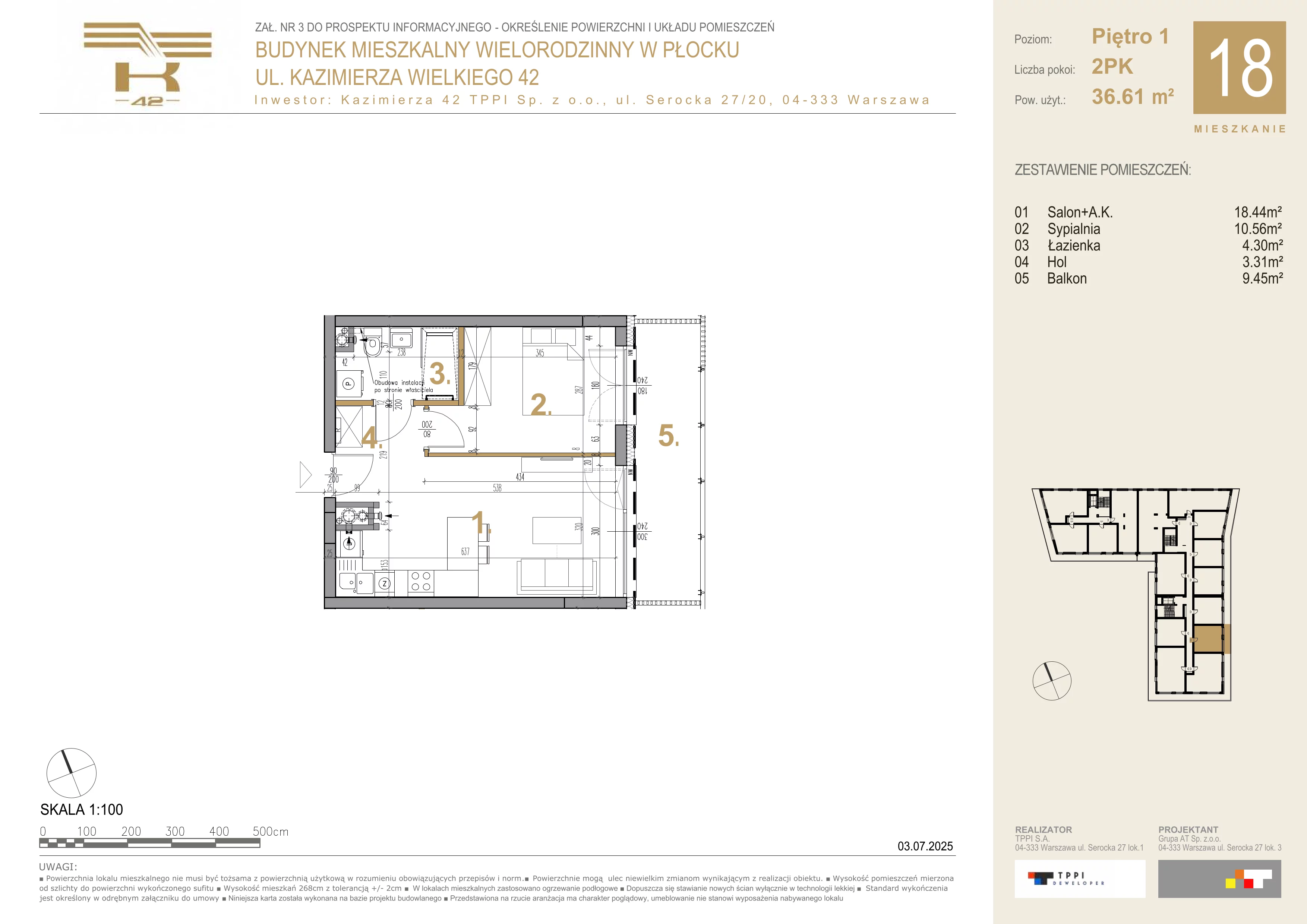 2 pokoje, mieszkanie 36,61 m², piętro 1, oferta nr 18, K-42, Płock, ul. Kazimierza Wielkiego 42