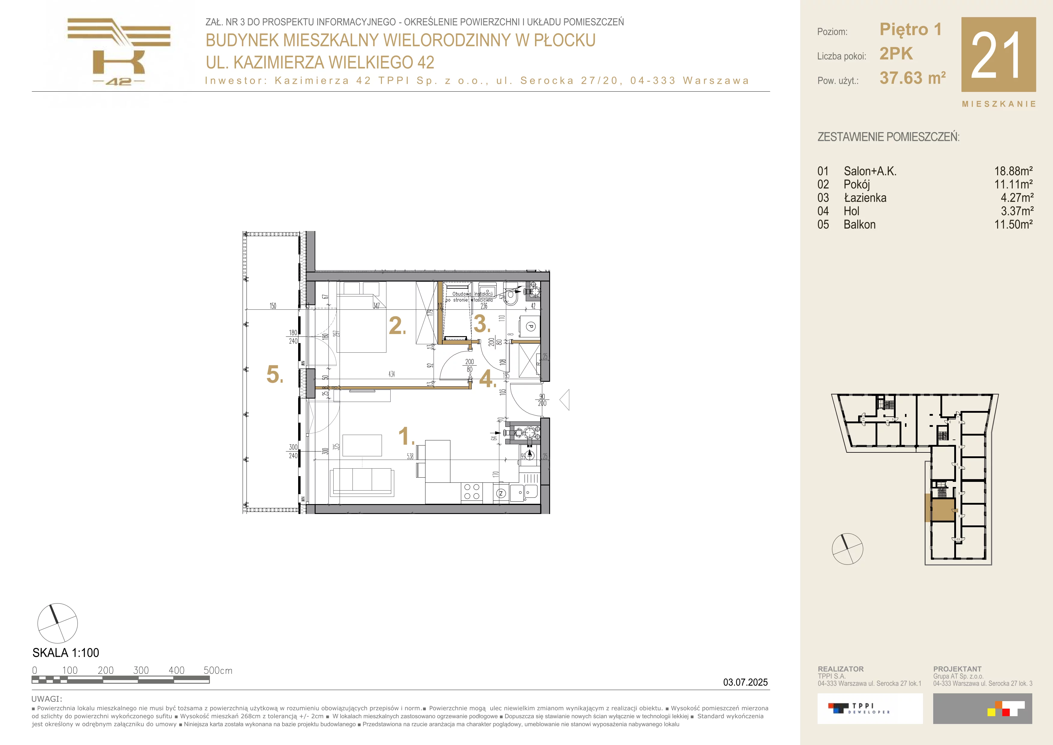 2 pokoje, mieszkanie 37,63 m², piętro 1, oferta nr 21, K-42, Płock, ul. Kazimierza Wielkiego 42