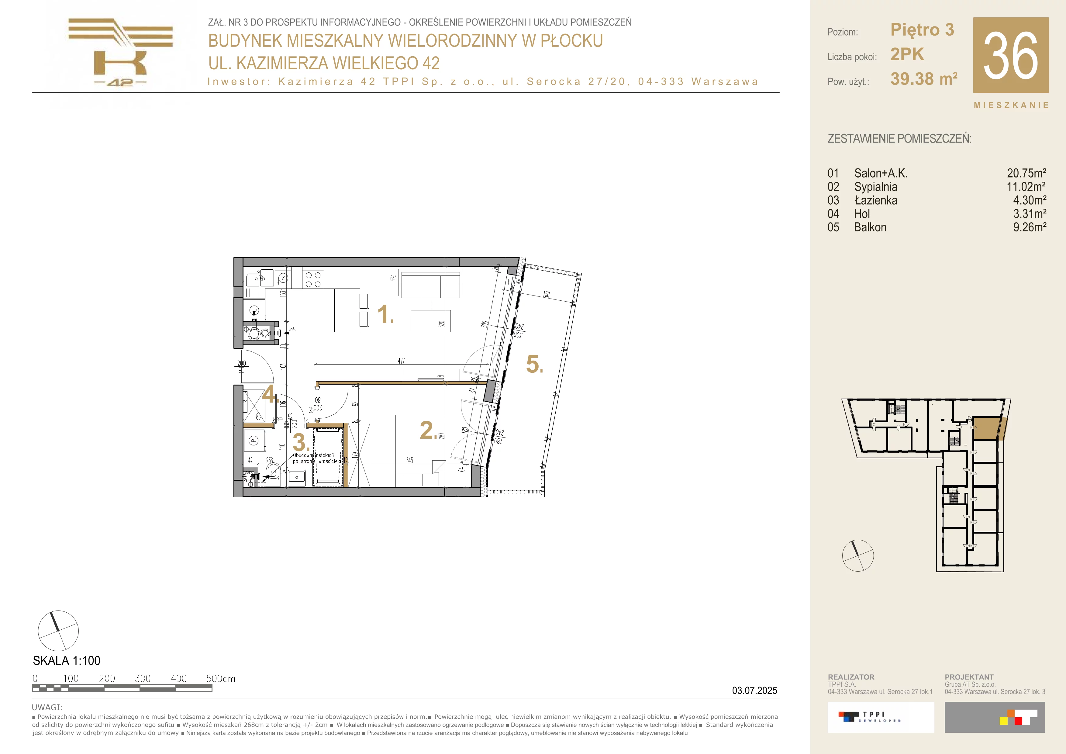 2 pokoje, mieszkanie 39,38 m², piętro 3, oferta nr 36, K-42, Płock, ul. Kazimierza Wielkiego 42