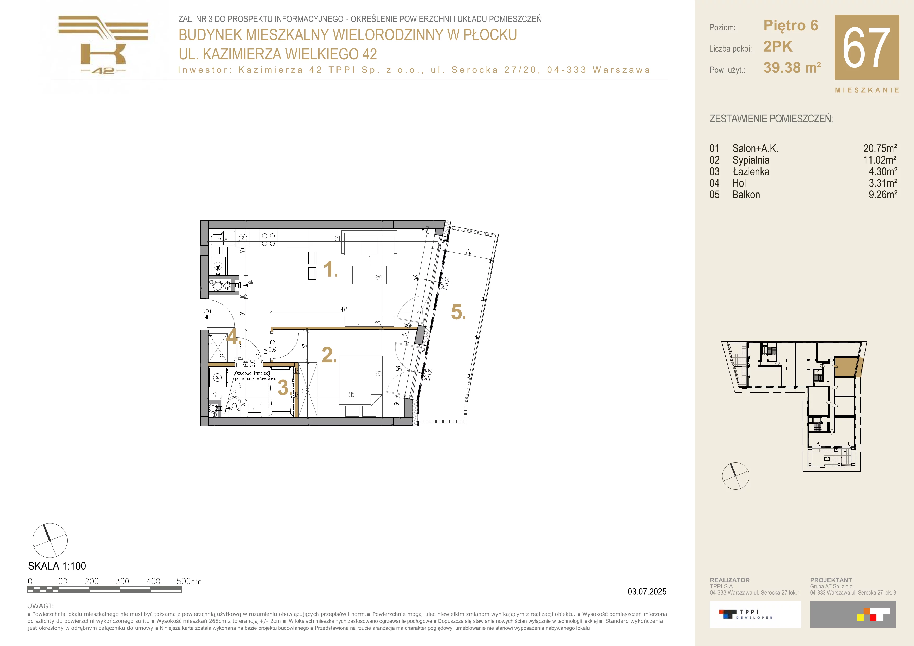 2 pokoje, mieszkanie 39,38 m², piętro 6, oferta nr 67, K-42, Płock, ul. Kazimierza Wielkiego 42