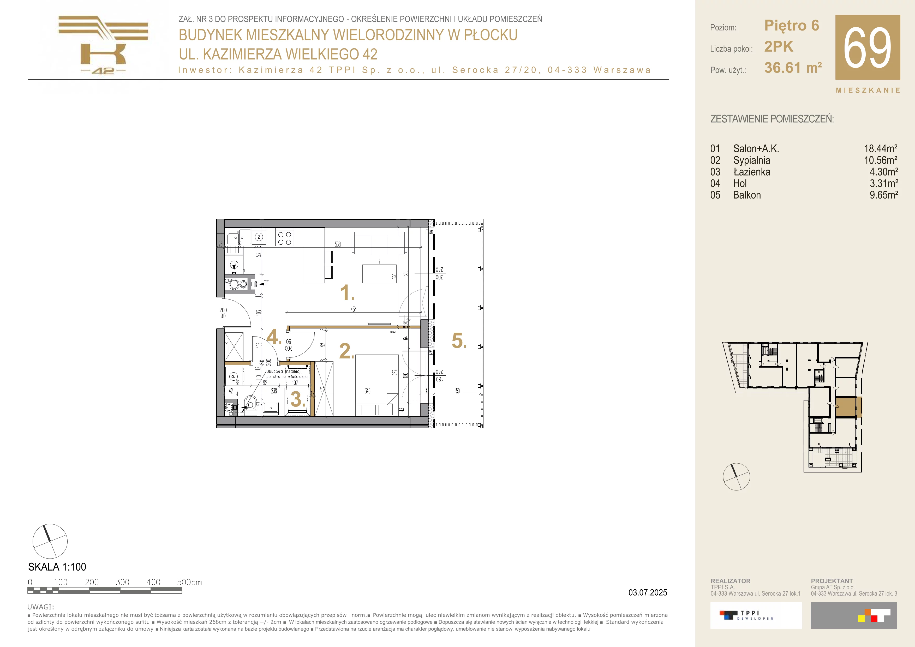 2 pokoje, mieszkanie 36,61 m², piętro 6, oferta nr 69, K-42, Płock, ul. Kazimierza Wielkiego 42