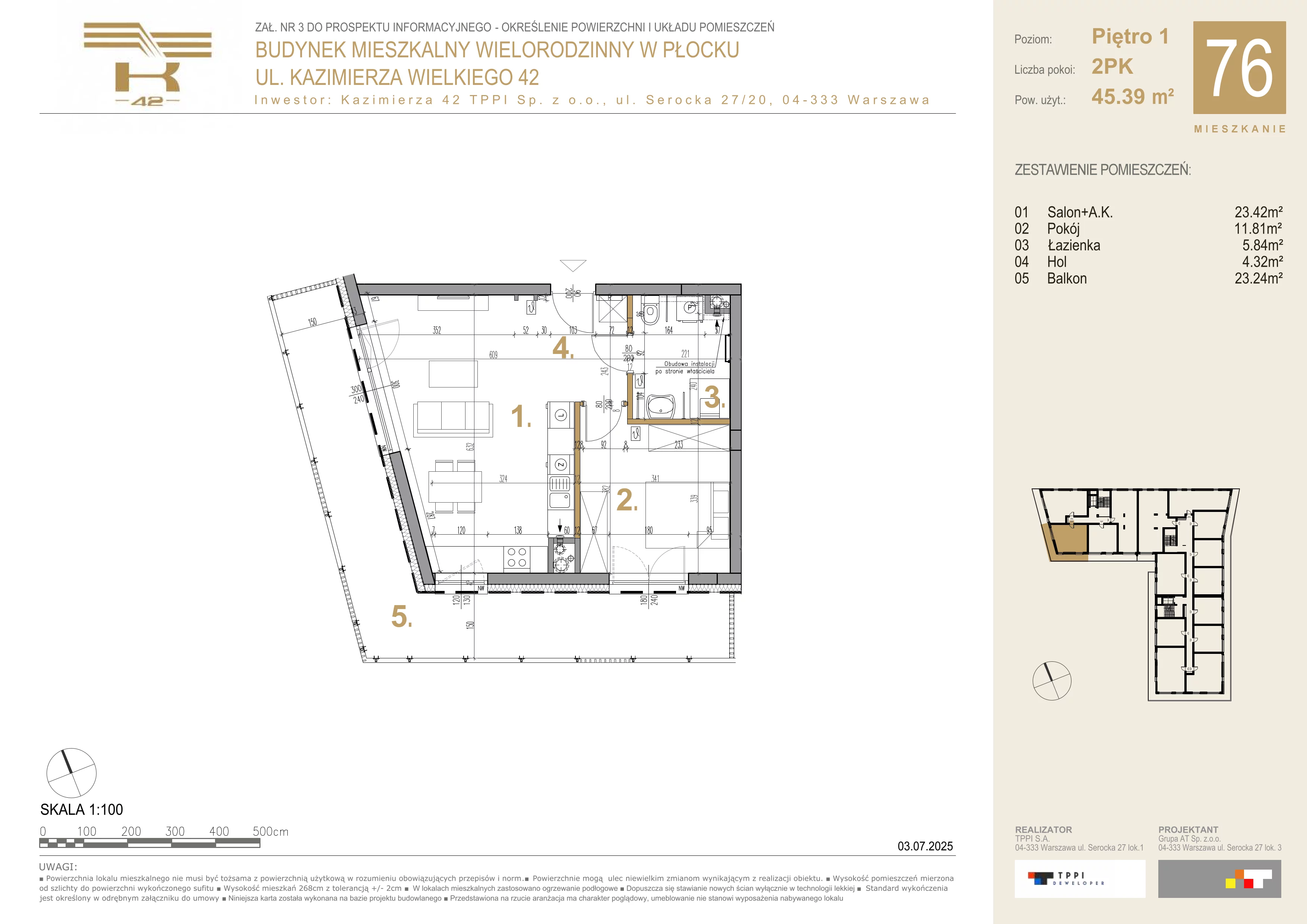 2 pokoje, mieszkanie 45,39 m², piętro 1, oferta nr 76, K-42, Płock, ul. Kazimierza Wielkiego 42