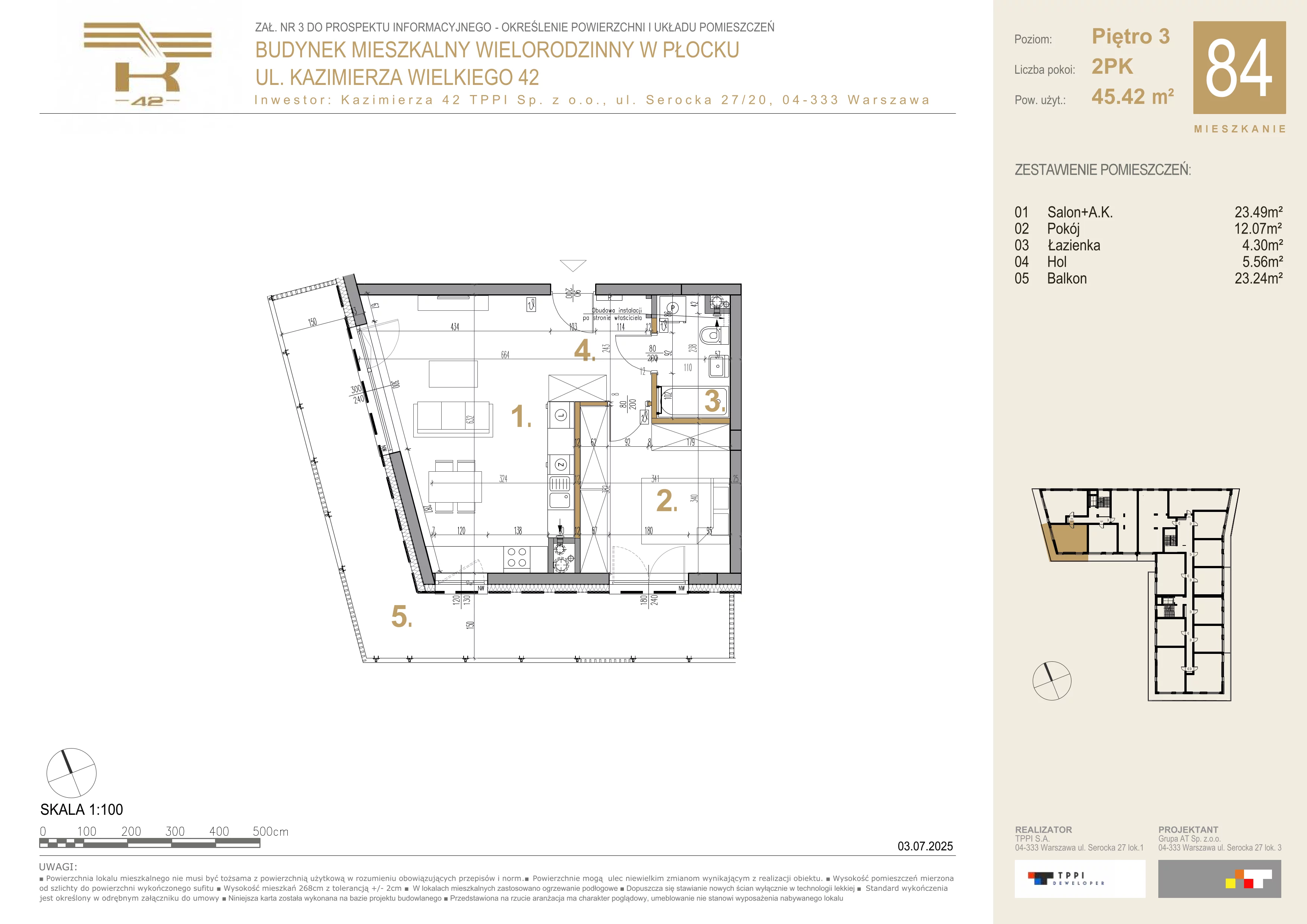 2 pokoje, mieszkanie 45,42 m², piętro 3, oferta nr 84, K-42, Płock, ul. Kazimierza Wielkiego 42