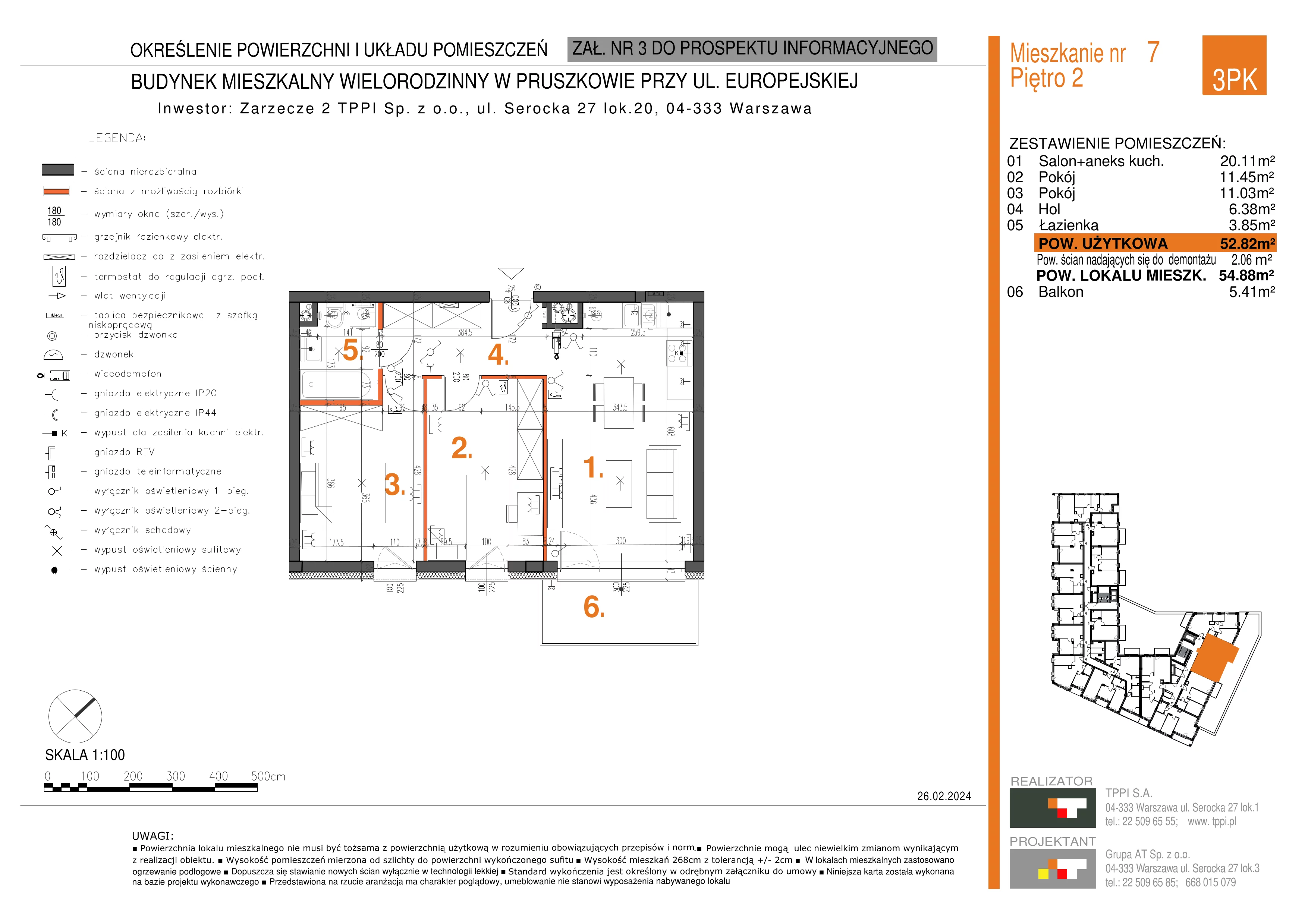 3 pokoje, mieszkanie 52,82 m², piętro 2, oferta nr 007, Zarzecze II, Pruszków, Żbików, Centrum, ul. Europejska 15