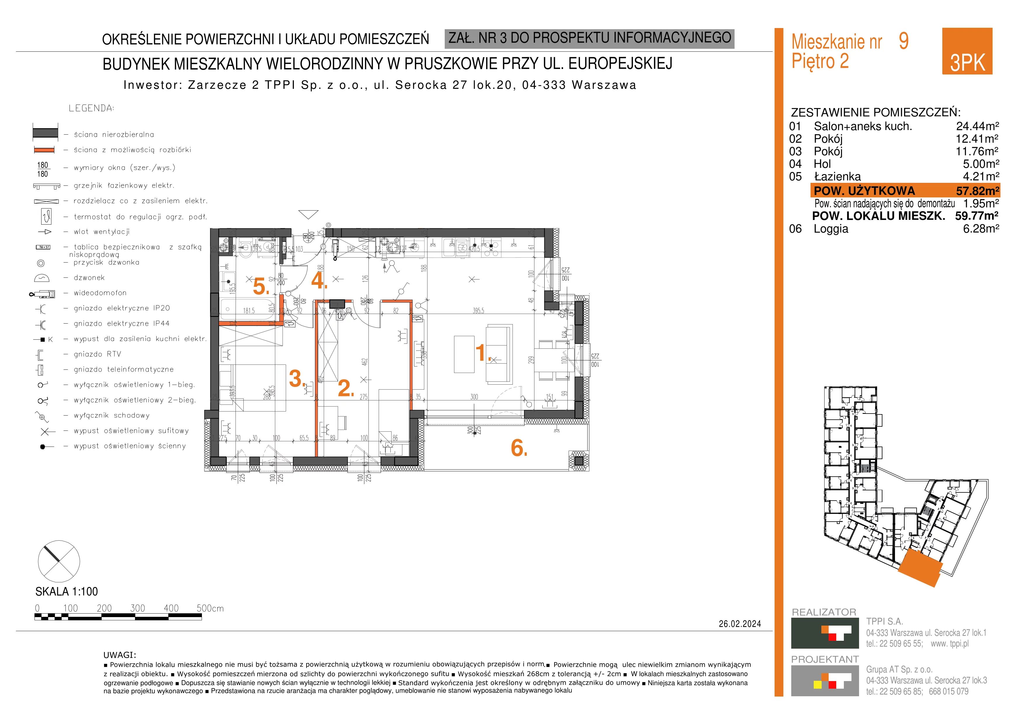 3 pokoje, mieszkanie 57,82 m², piętro 2, oferta nr 009, Zarzecze II, Pruszków, Żbików, Centrum, ul. Europejska 15
