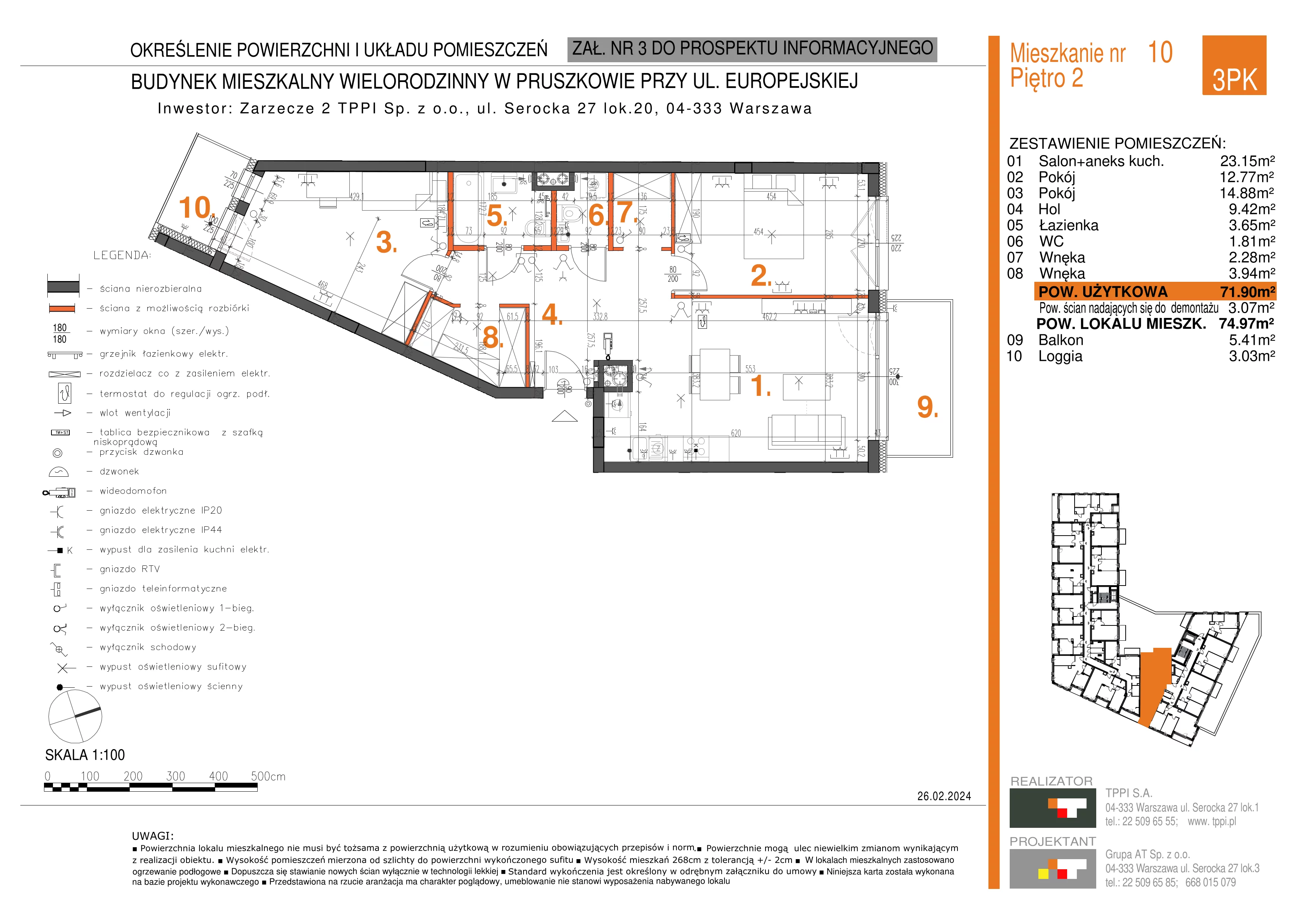 3 pokoje, mieszkanie 71,90 m², piętro 2, oferta nr 010, Zarzecze II, Pruszków, Żbików, Centrum, ul. Europejska 15