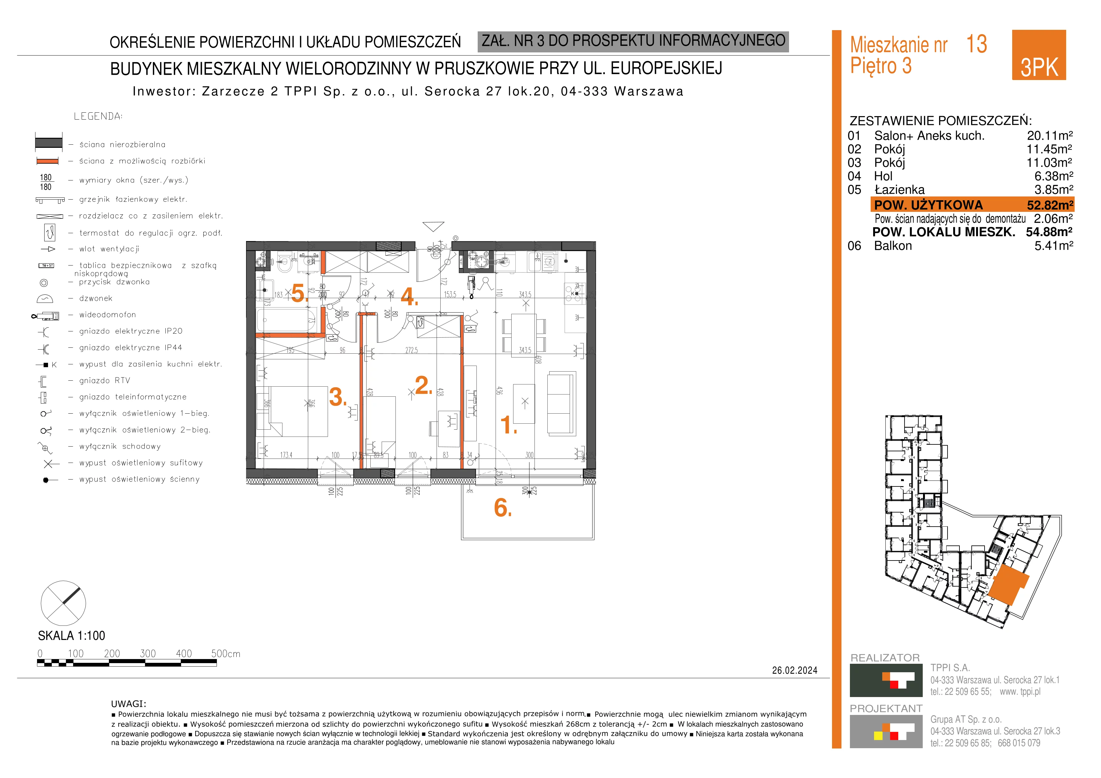 3 pokoje, mieszkanie 52,82 m², piętro 3, oferta nr 013, Zarzecze II, Pruszków, Żbików, Centrum, ul. Europejska 15