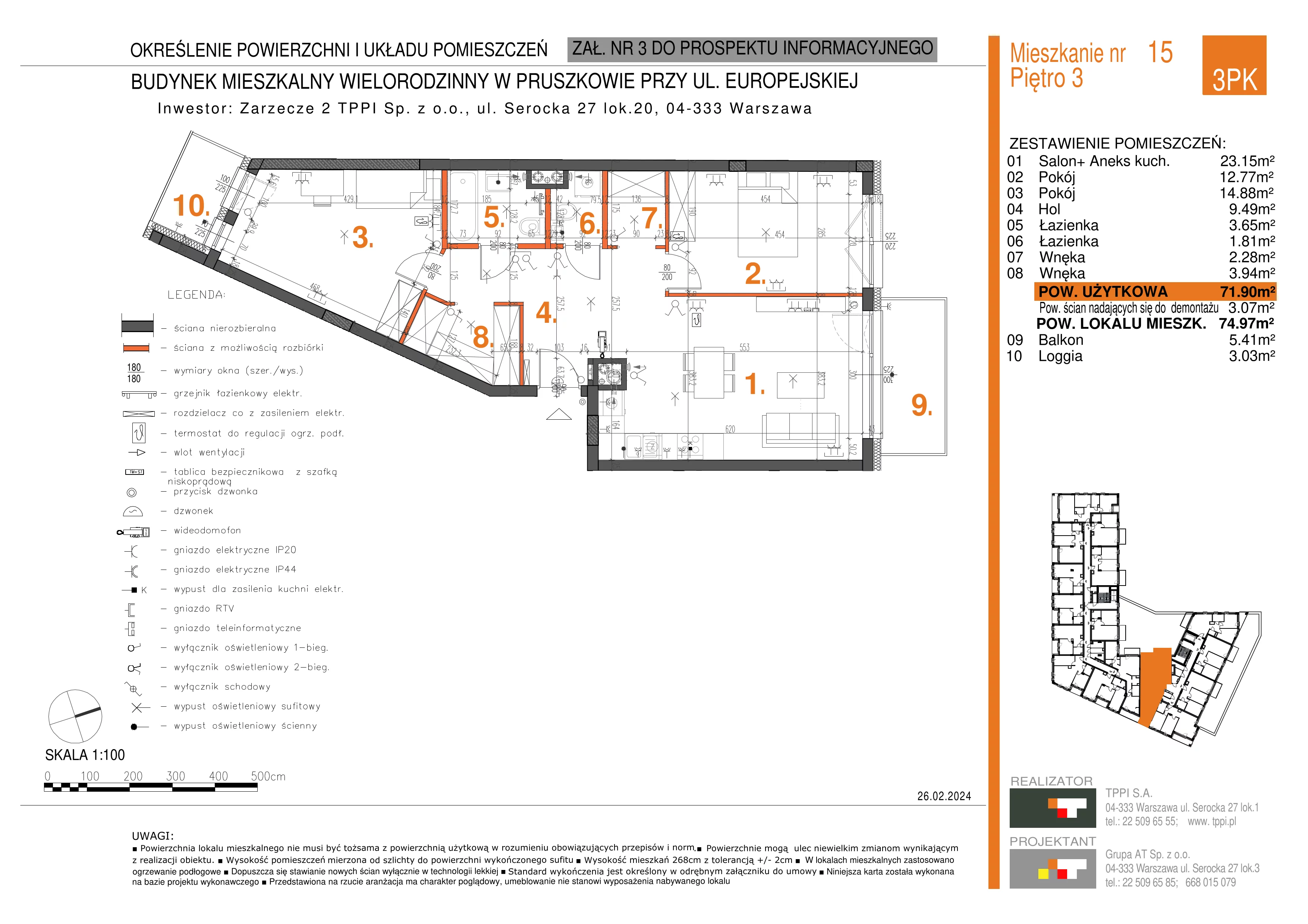3 pokoje, mieszkanie 71,90 m², piętro 3, oferta nr 015, Zarzecze II, Pruszków, Żbików, Centrum, ul. Europejska 15