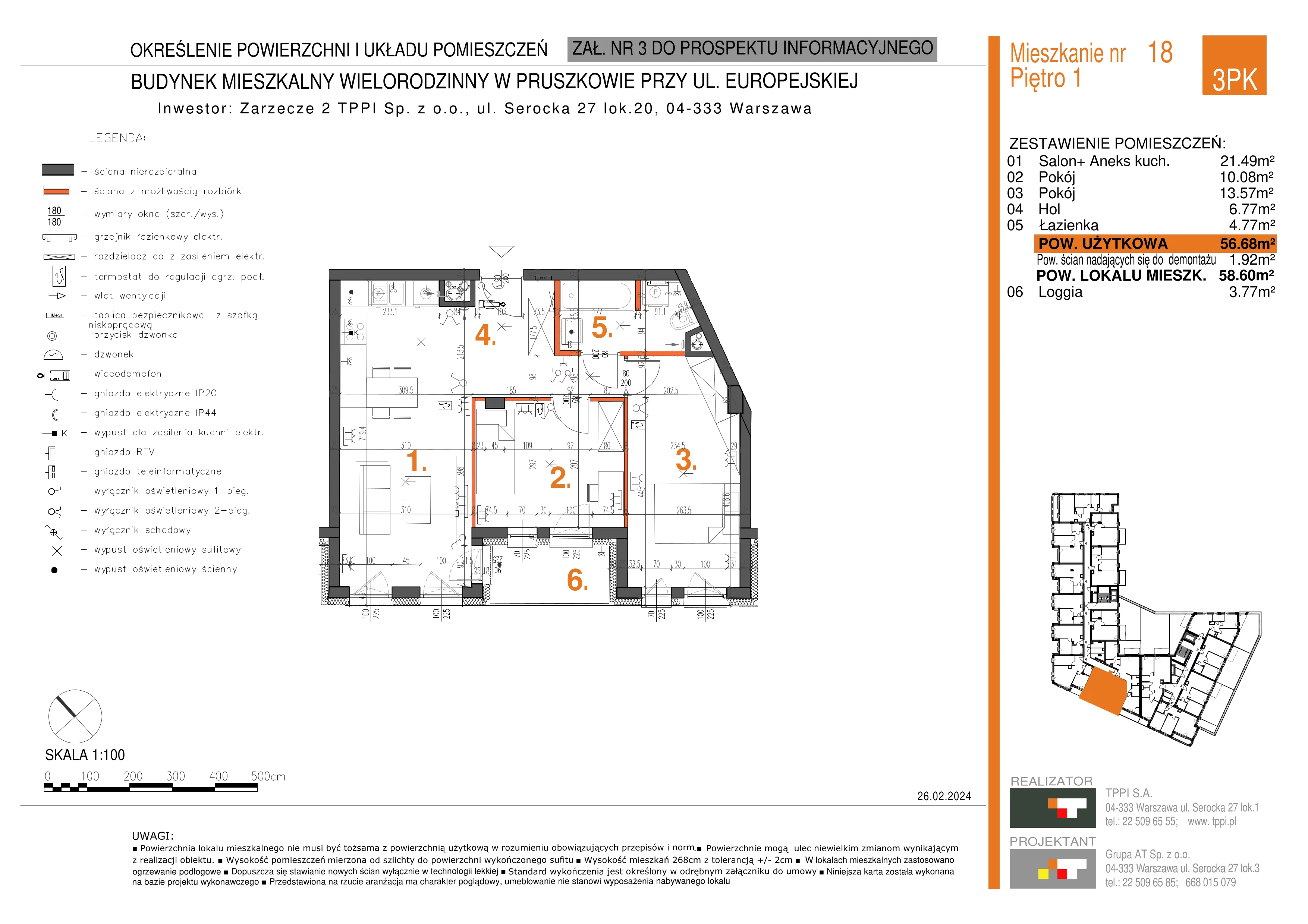 3 pokoje, mieszkanie 56,68 m², piętro 1, oferta nr 018, Zarzecze II, Pruszków, Żbików, Centrum, ul. Europejska 15