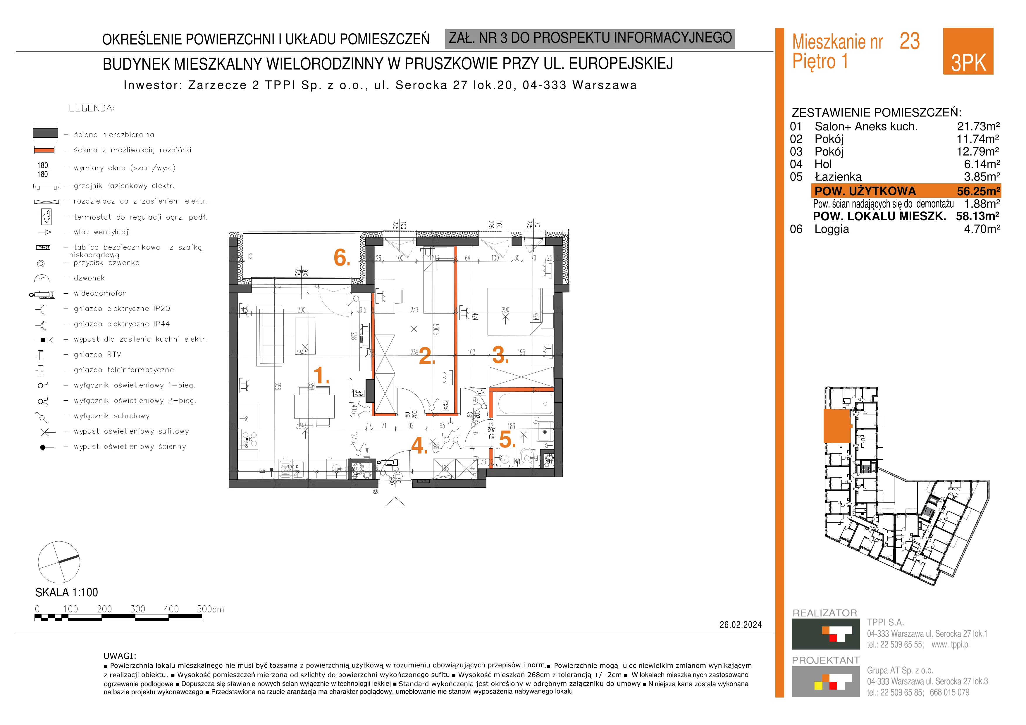 3 pokoje, mieszkanie 56,25 m², piętro 1, oferta nr 023, Zarzecze II, Pruszków, Żbików, Centrum, ul. Europejska 15