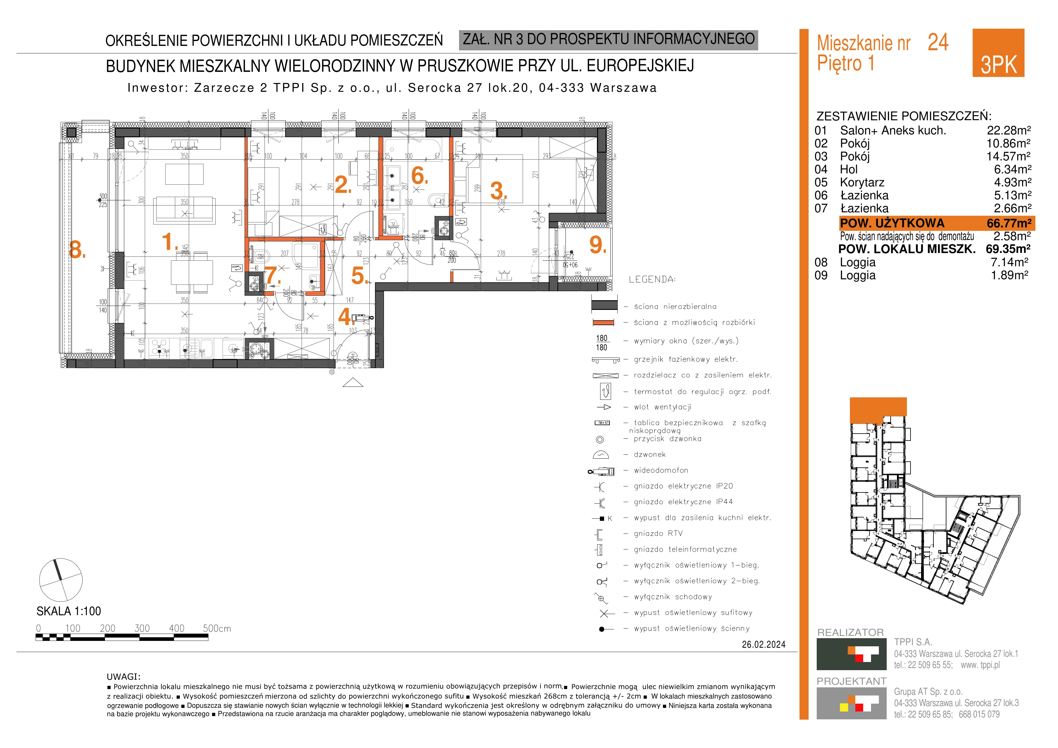 3 pokoje, mieszkanie 66,77 m², piętro 1, oferta nr 024, Zarzecze II, Pruszków, Żbików, Centrum, ul. Europejska 15