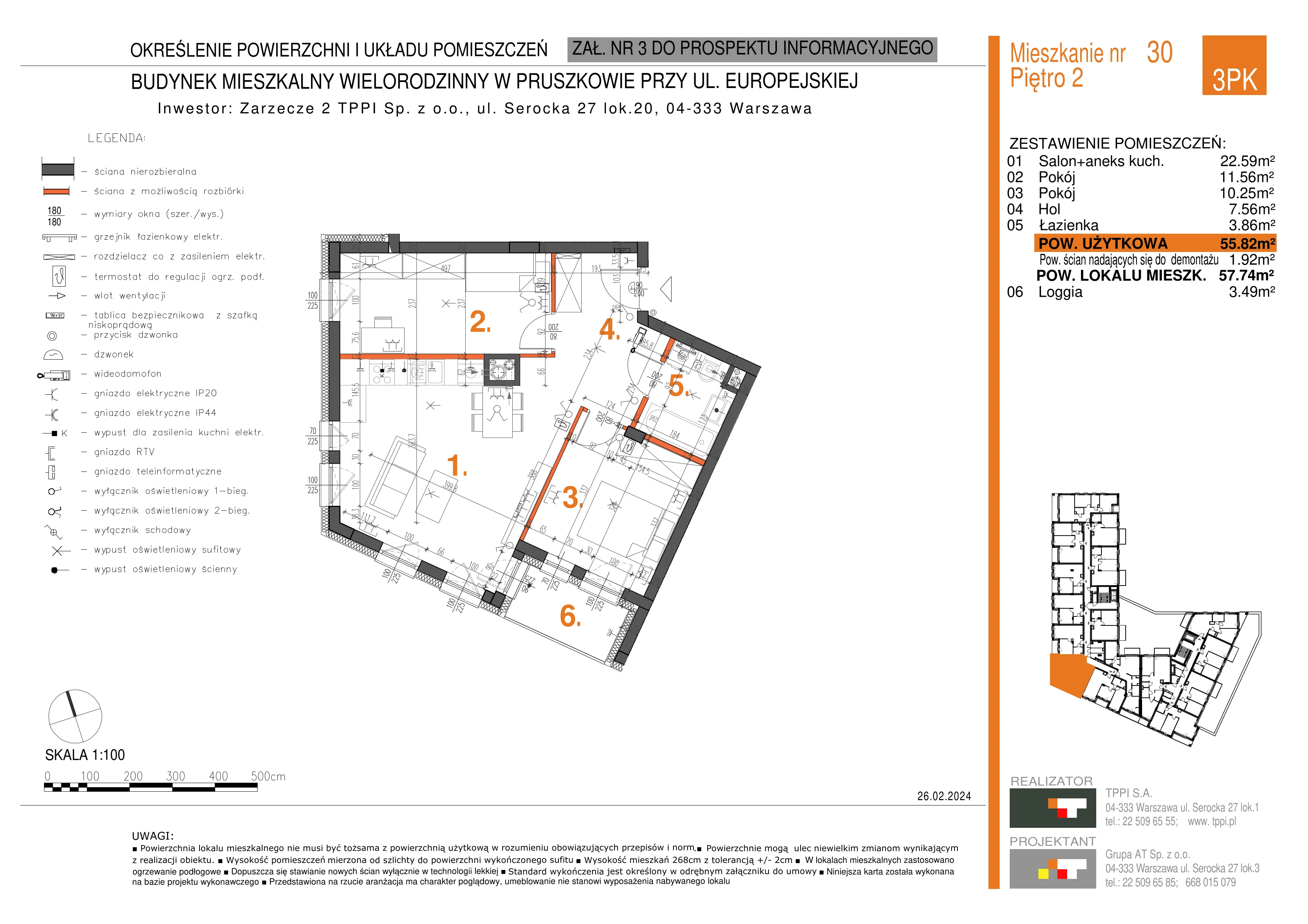 3 pokoje, mieszkanie 55,82 m², piętro 2, oferta nr 030, Zarzecze II, Pruszków, Żbików, Centrum, ul. Europejska 15