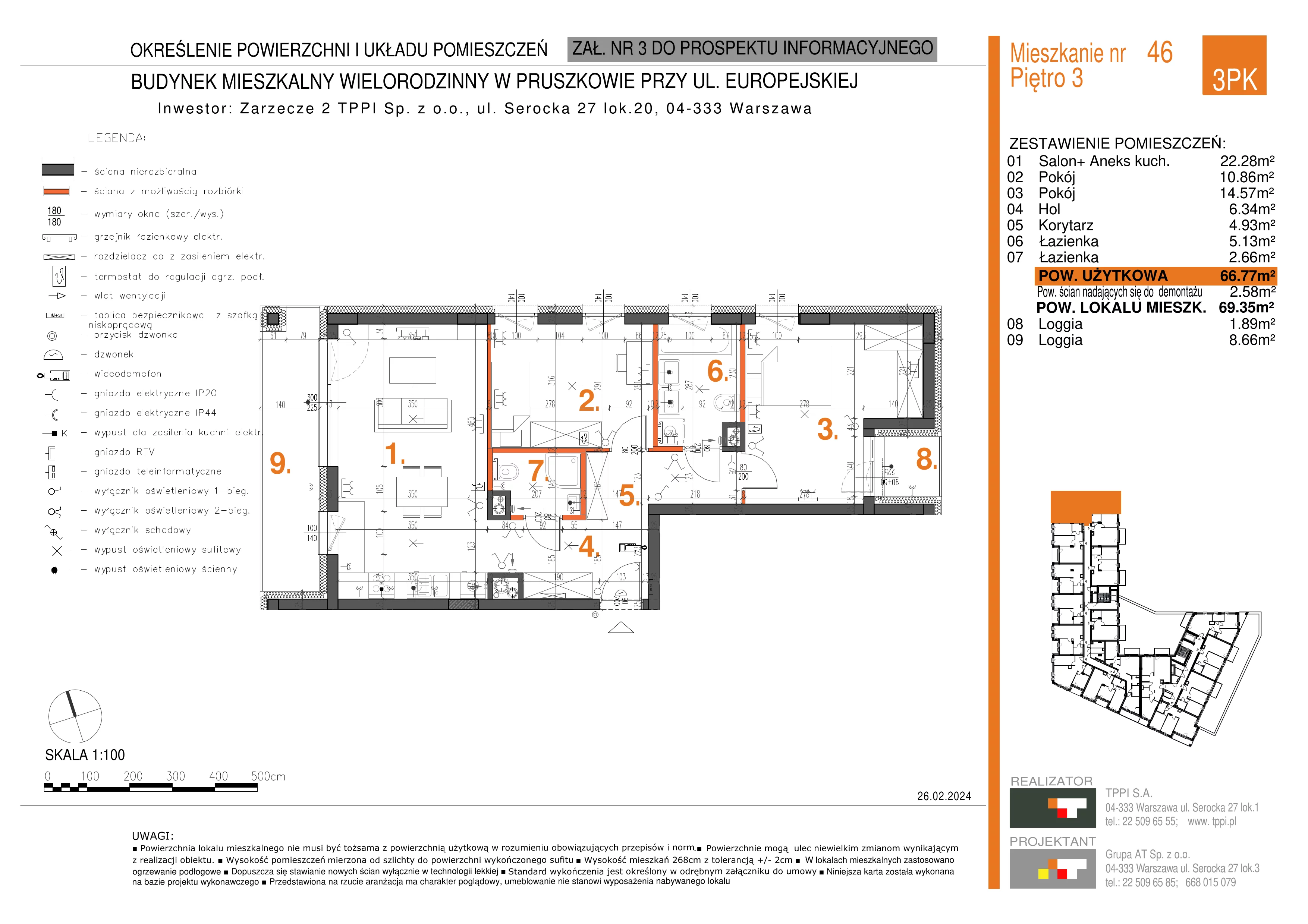 3 pokoje, mieszkanie 66,77 m², piętro 3, oferta nr 046, Zarzecze II, Pruszków, Żbików, Centrum, ul. Europejska 15
