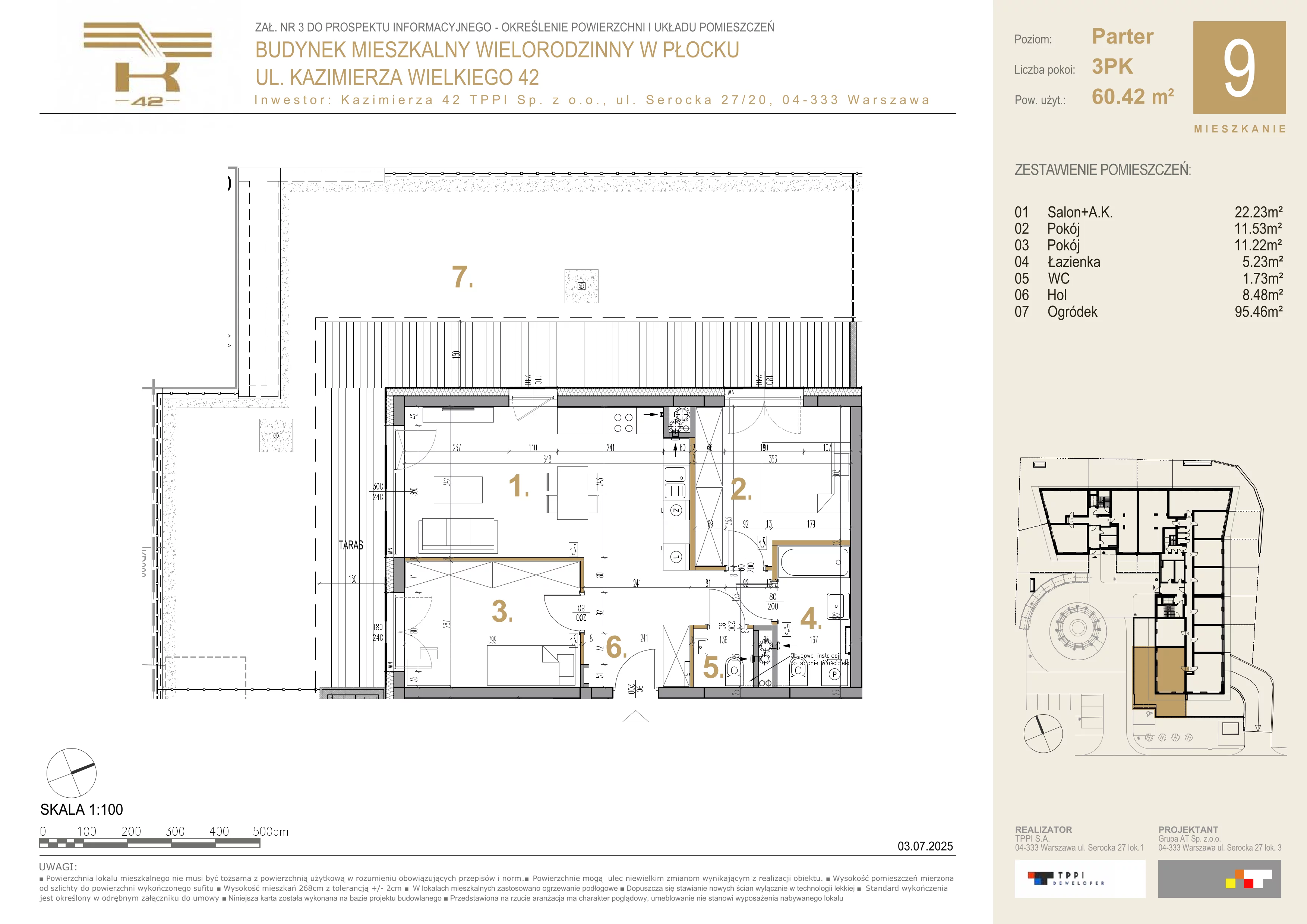 3 pokoje, mieszkanie 60,42 m², parter, oferta nr 9, K-42, Płock, ul. Kazimierza Wielkiego 42