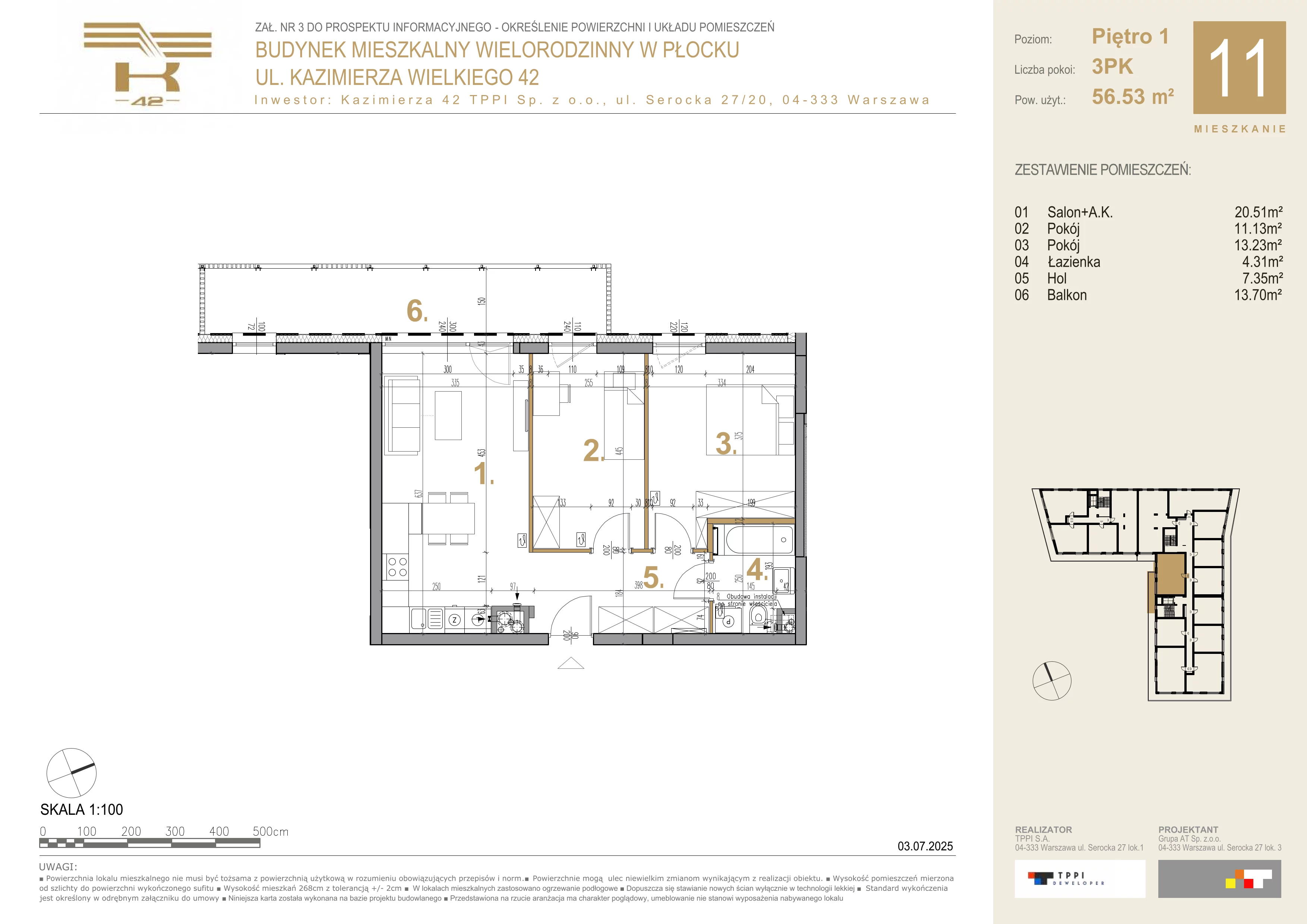 3 pokoje, mieszkanie 56,53 m², piętro 1, oferta nr 11, K-42, Płock, ul. Kazimierza Wielkiego 42