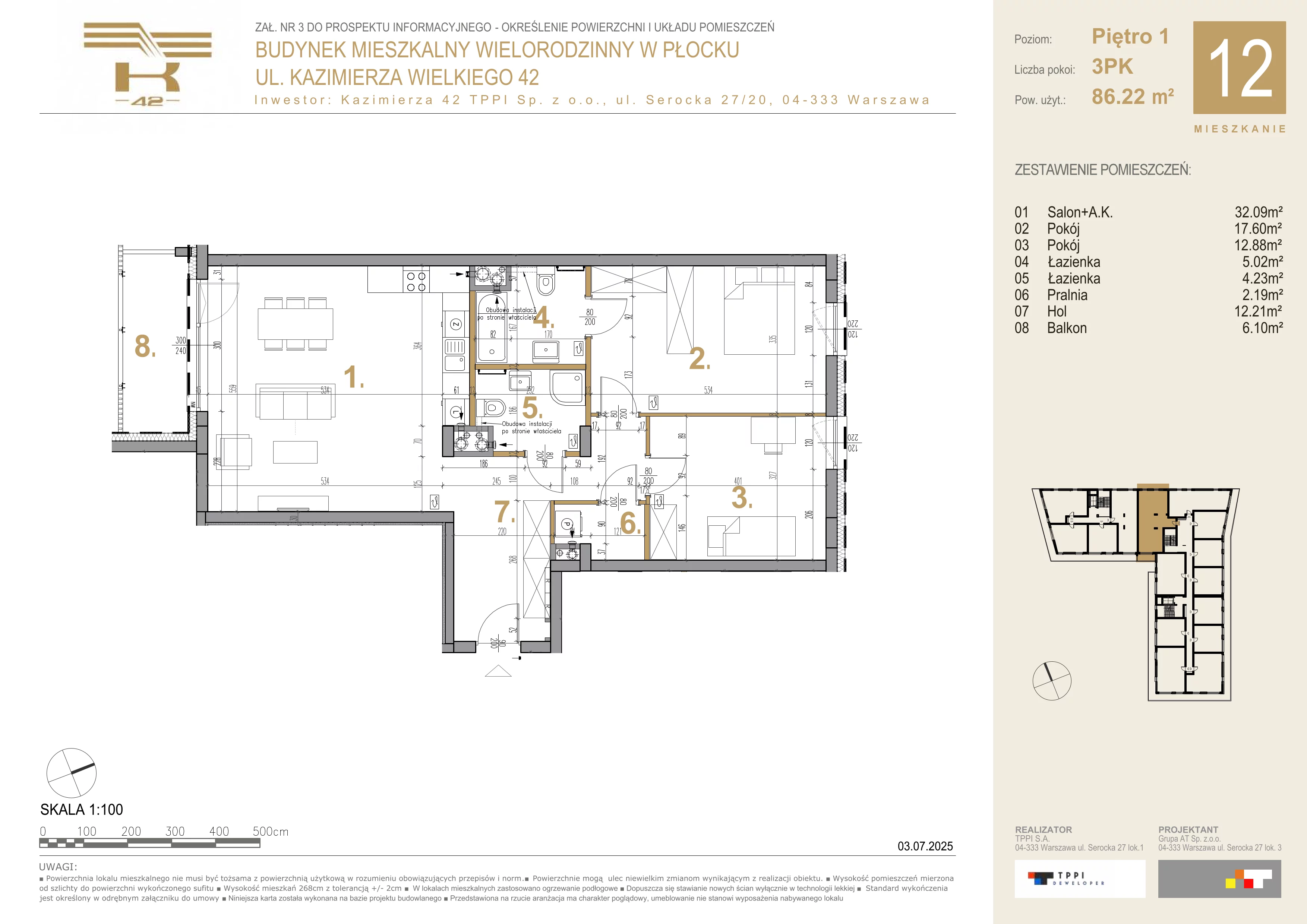 3 pokoje, mieszkanie 86,22 m², piętro 1, oferta nr 12, K-42, Płock, ul. Kazimierza Wielkiego 42