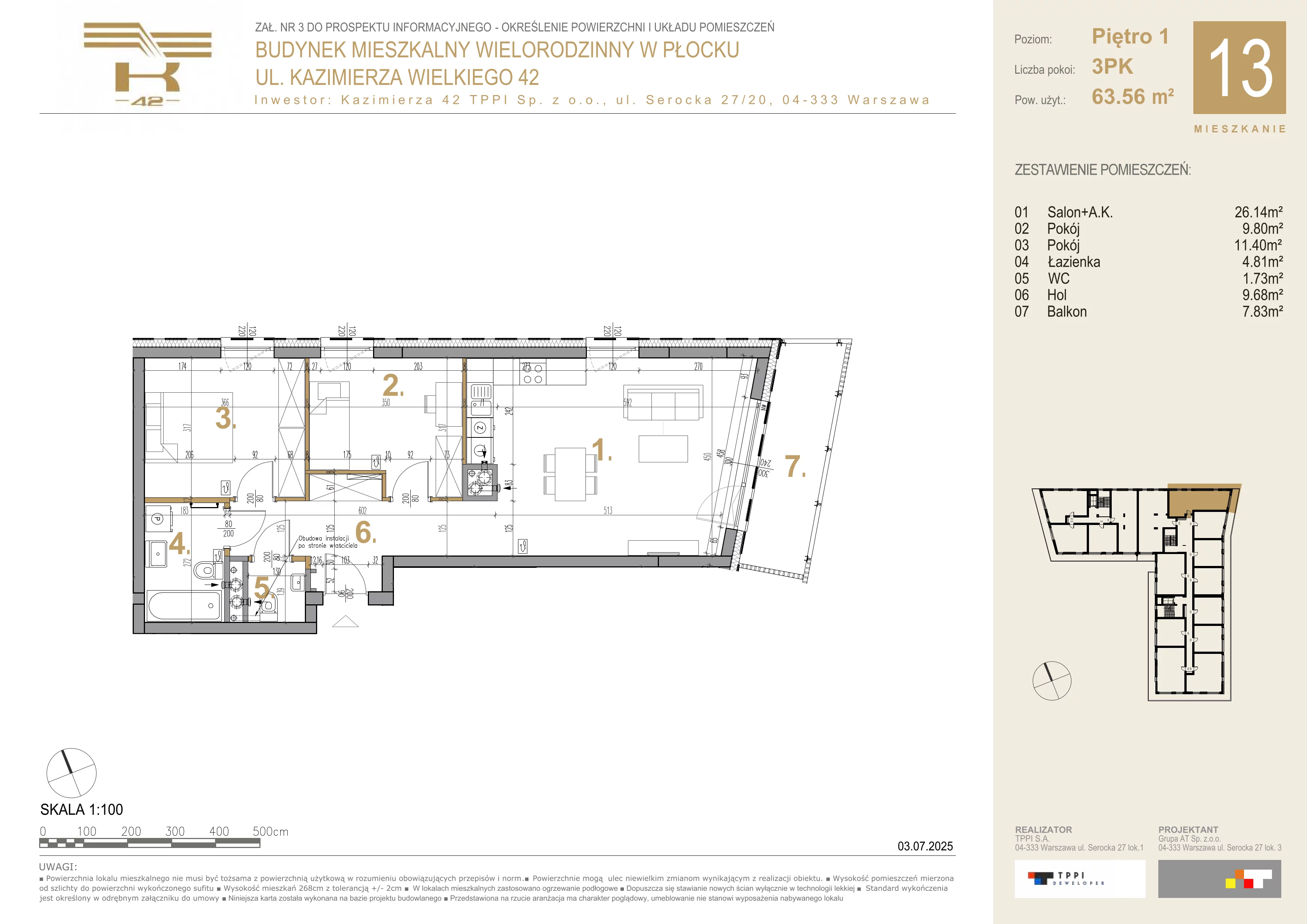 3 pokoje, mieszkanie 63,56 m², piętro 1, oferta nr 13, K-42, Płock, ul. Kazimierza Wielkiego 42