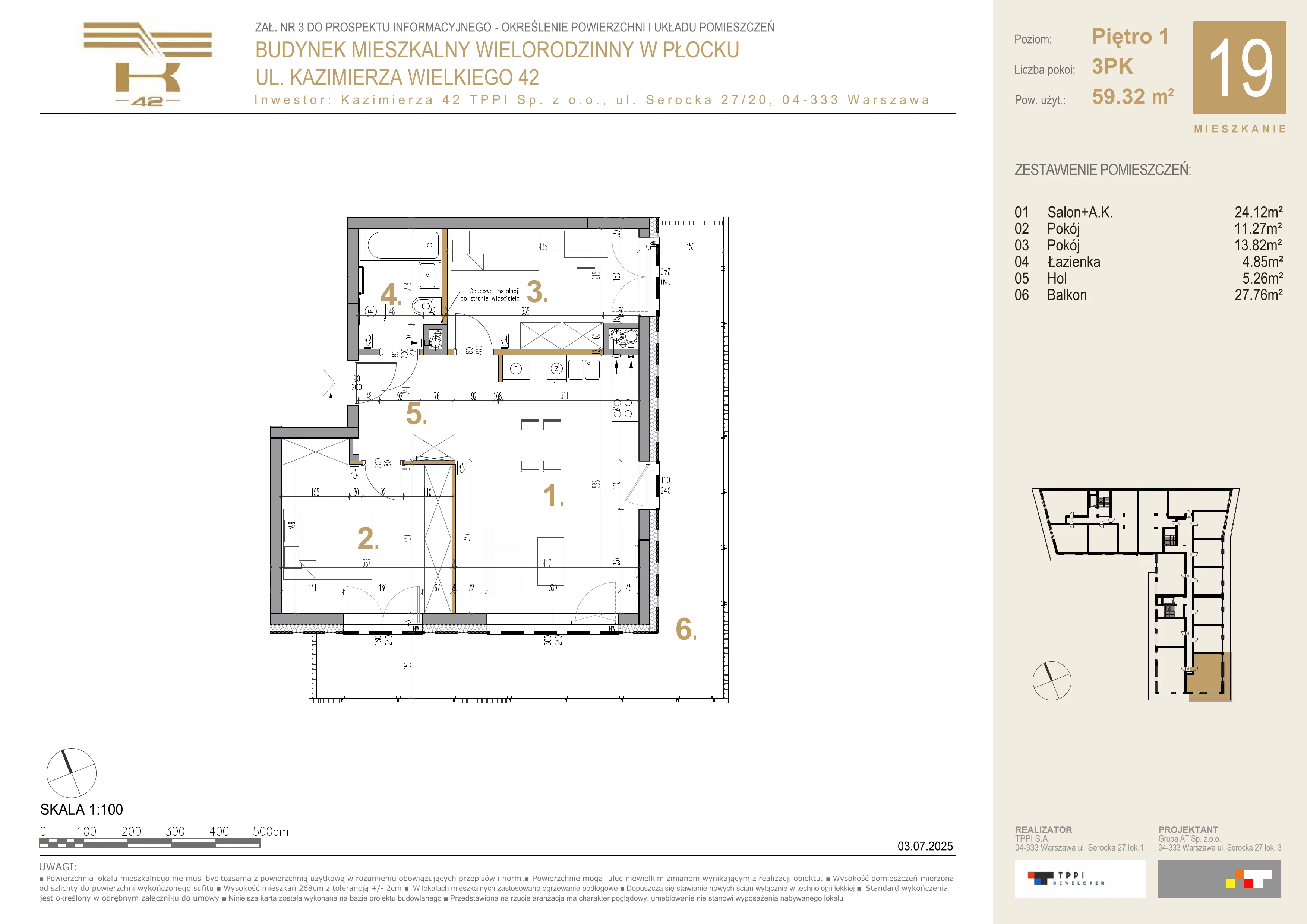 3 pokoje, mieszkanie 59,32 m², piętro 1, oferta nr 19, K-42, Płock, ul. Kazimierza Wielkiego 42