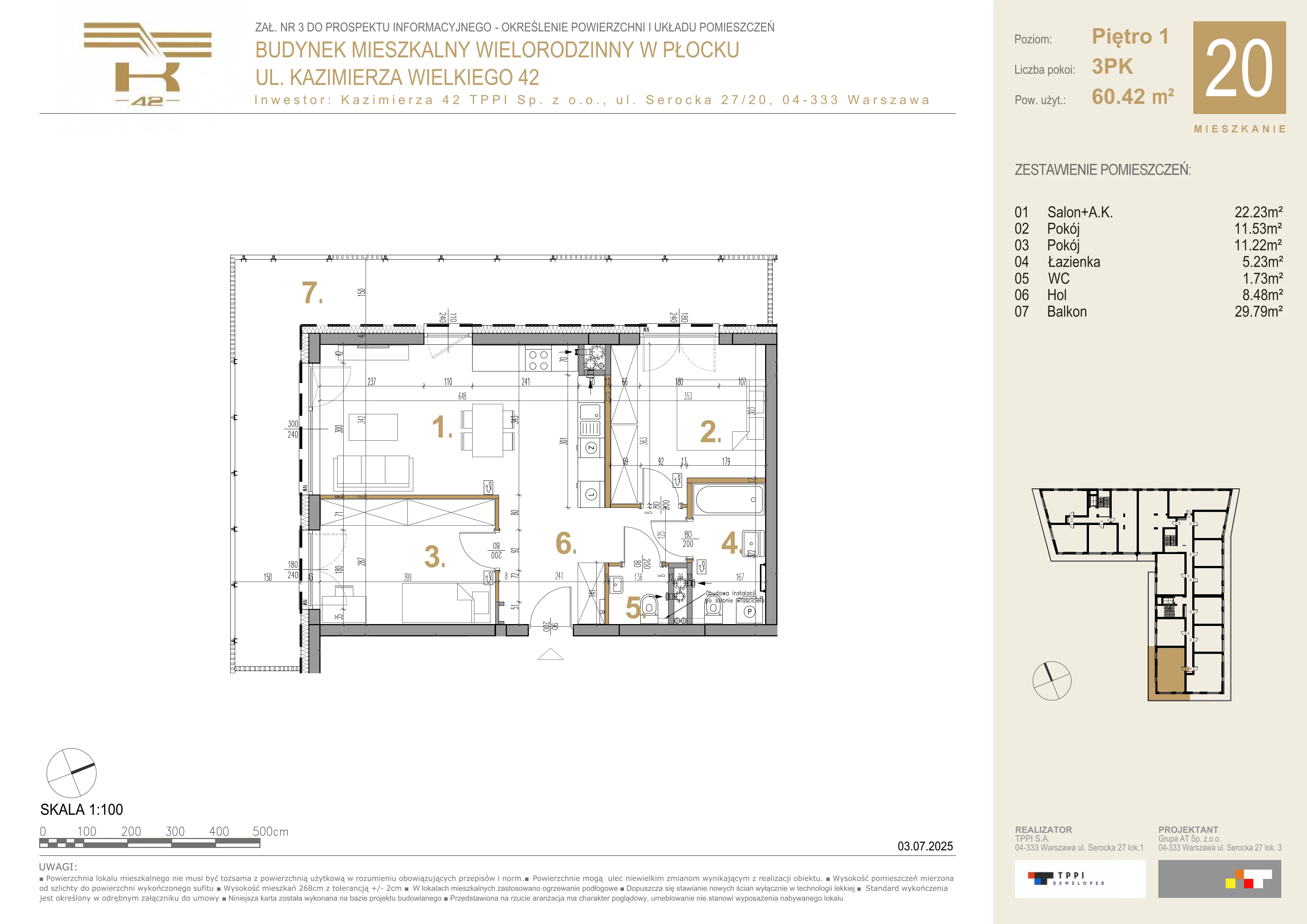 3 pokoje, mieszkanie 60,42 m², piętro 1, oferta nr 20, K-42, Płock, ul. Kazimierza Wielkiego 42