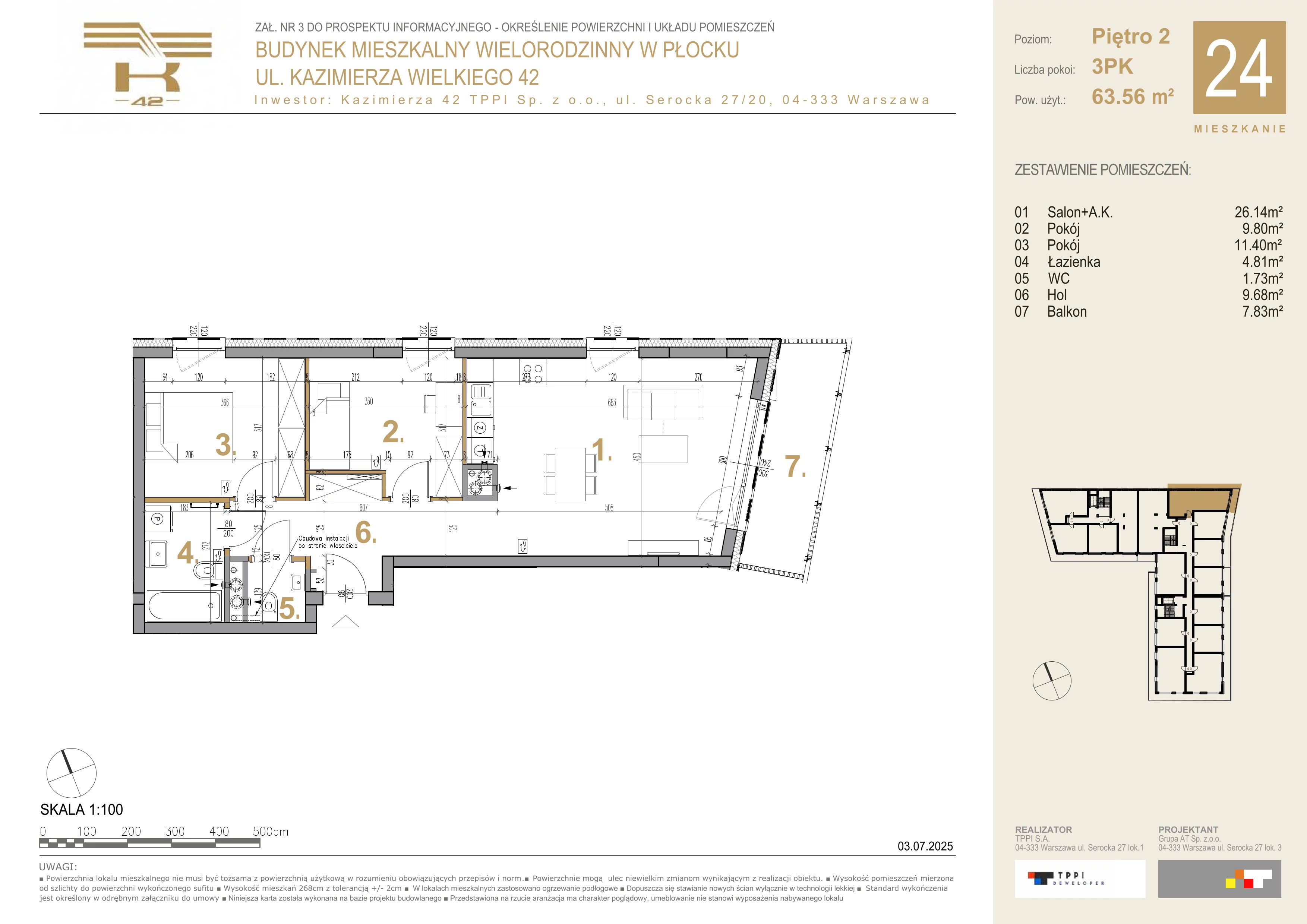 3 pokoje, mieszkanie 63,56 m², piętro 2, oferta nr 24, K-42, Płock, ul. Kazimierza Wielkiego 42