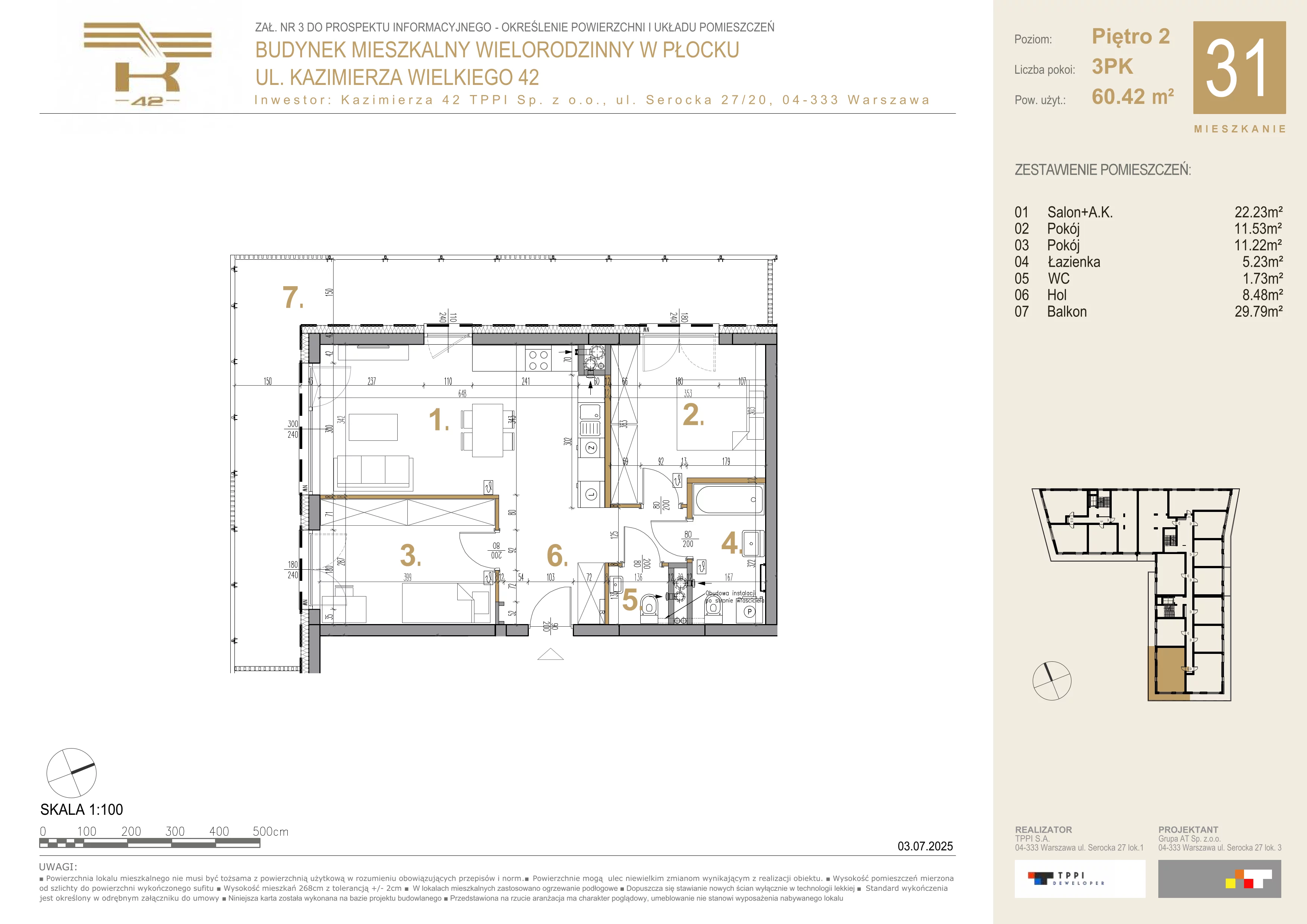 3 pokoje, mieszkanie 60,42 m², piętro 2, oferta nr 31, K-42, Płock, ul. Kazimierza Wielkiego 42