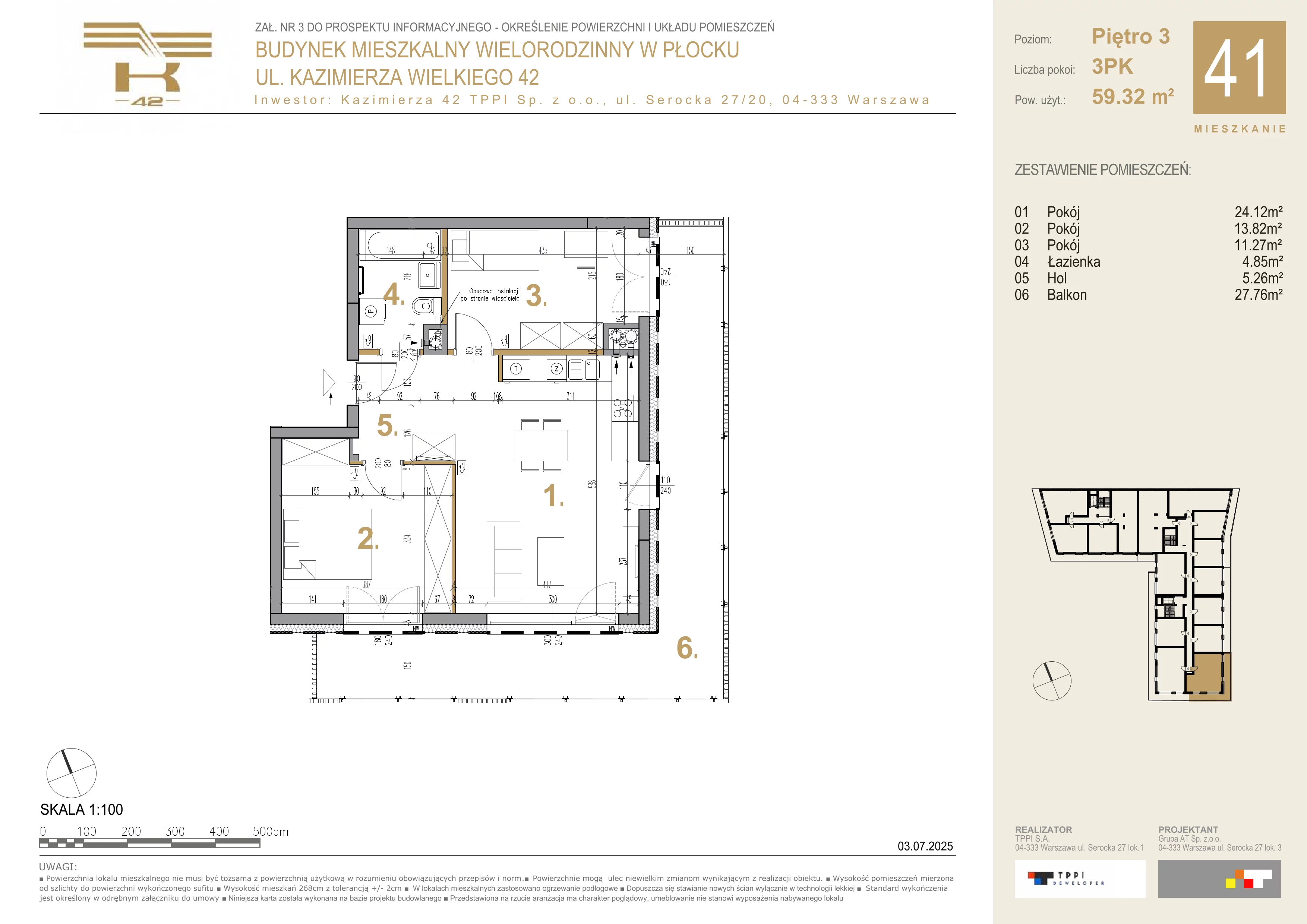 3 pokoje, mieszkanie 59,32 m², piętro 3, oferta nr 41, K-42, Płock, ul. Kazimierza Wielkiego 42