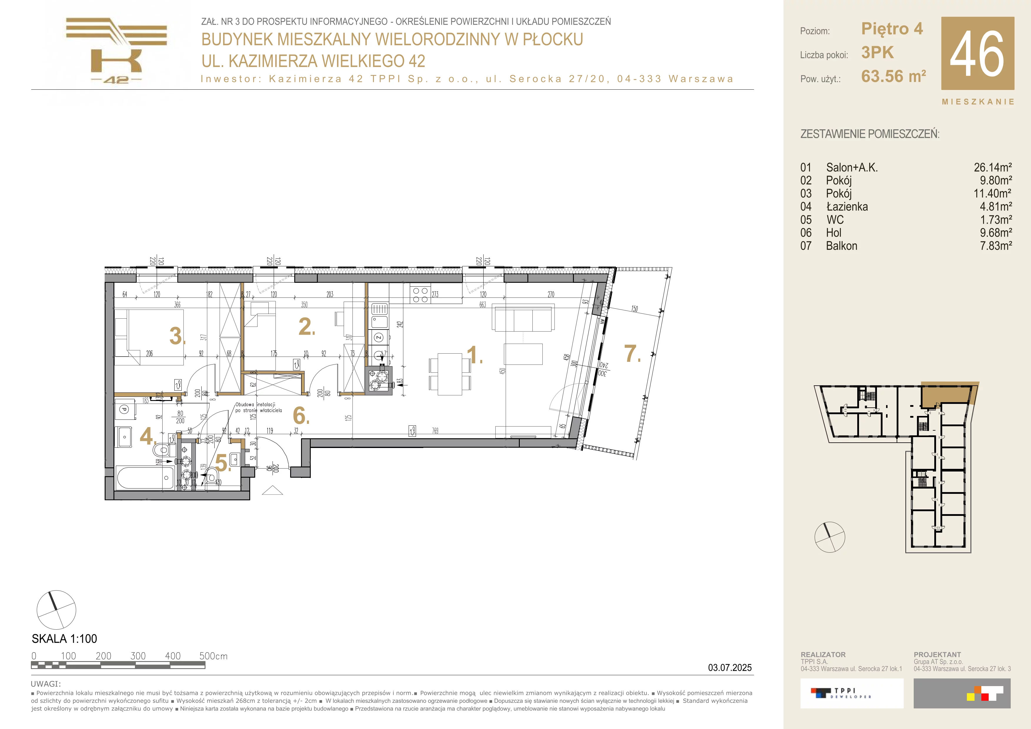 3 pokoje, mieszkanie 63,56 m², piętro 4, oferta nr 46, K-42, Płock, ul. Kazimierza Wielkiego 42