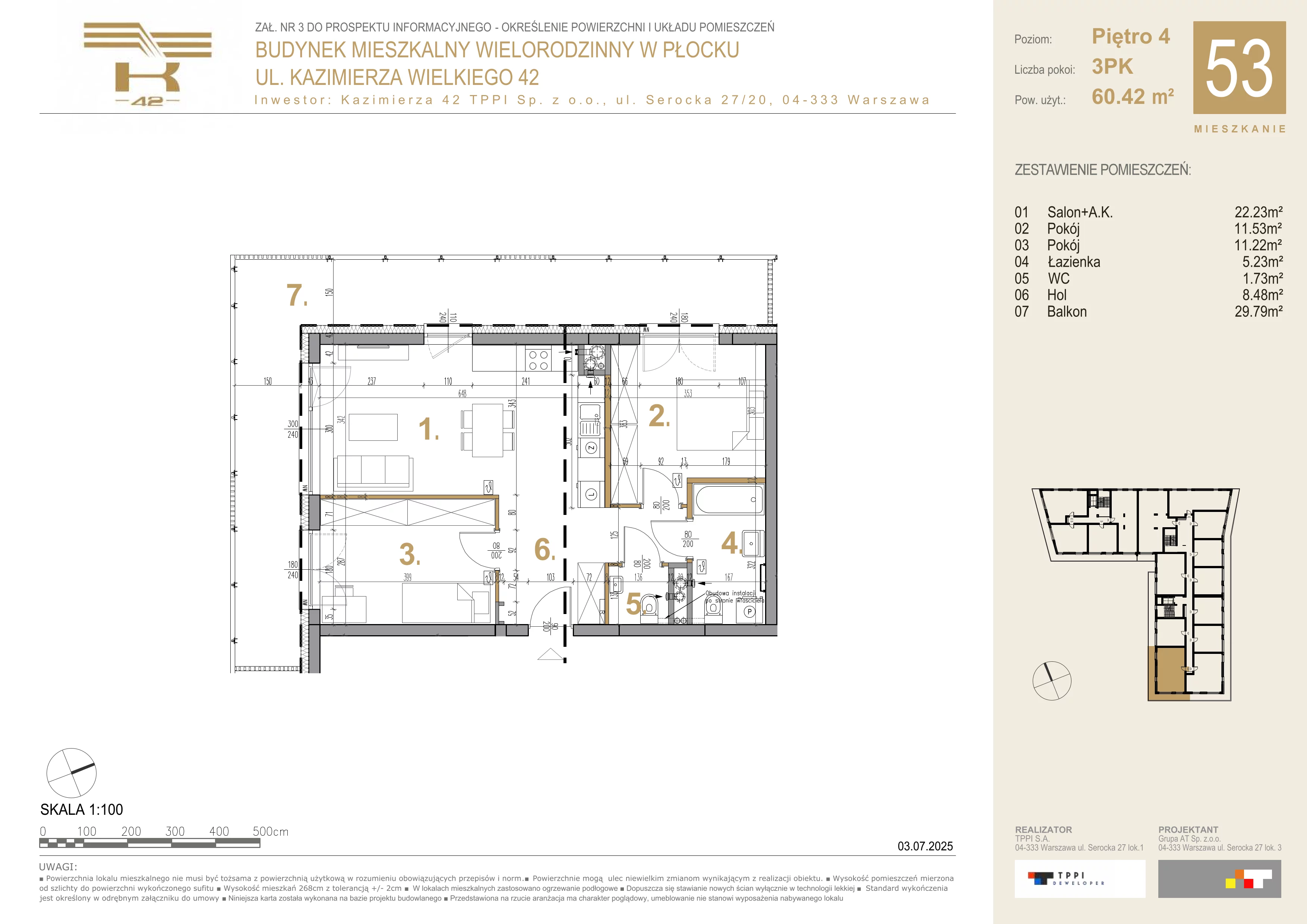 3 pokoje, mieszkanie 60,42 m², piętro 4, oferta nr 53, K-42, Płock, ul. Kazimierza Wielkiego 42