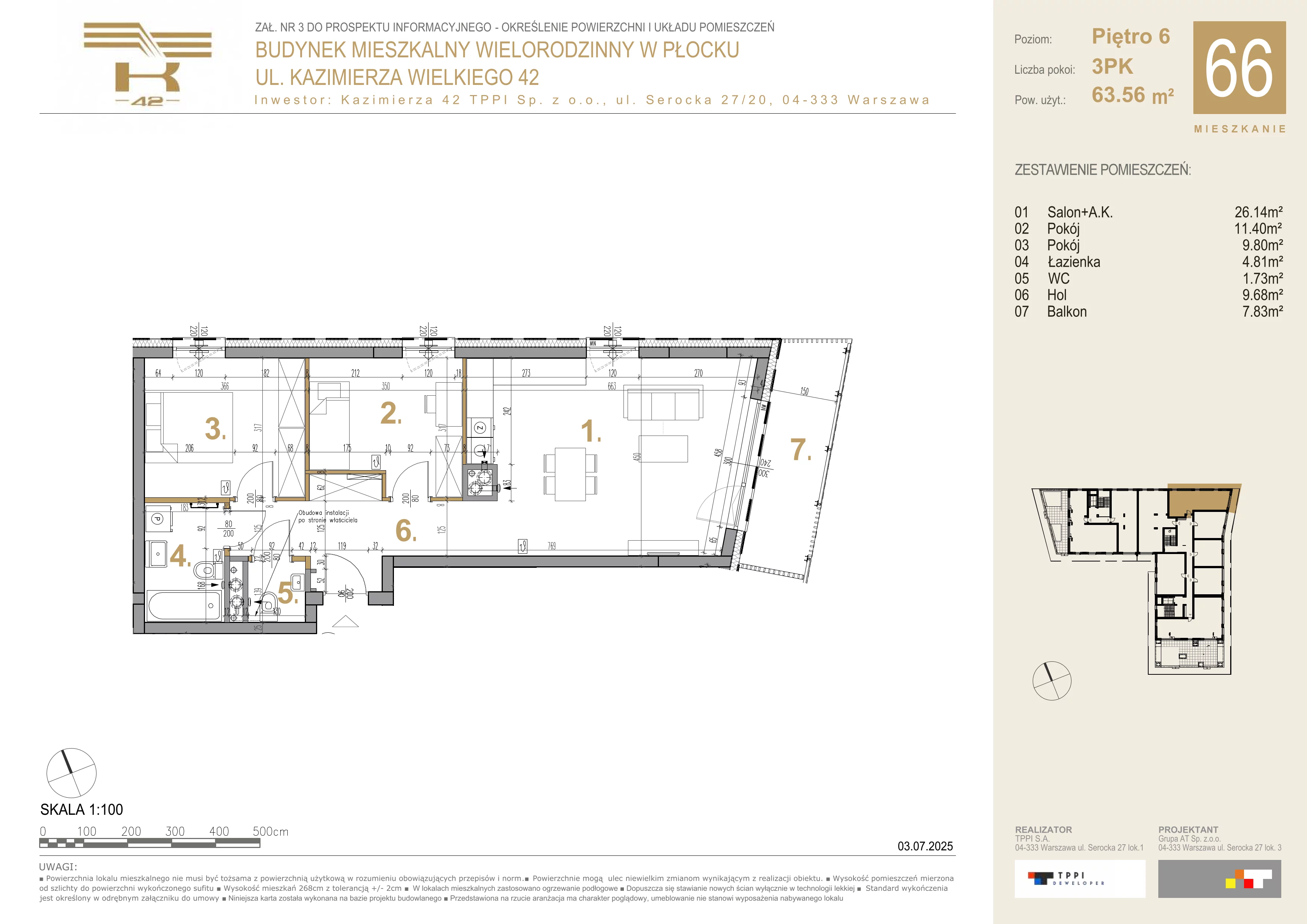 3 pokoje, mieszkanie 63,56 m², piętro 6, oferta nr 66, K-42, Płock, ul. Kazimierza Wielkiego 42