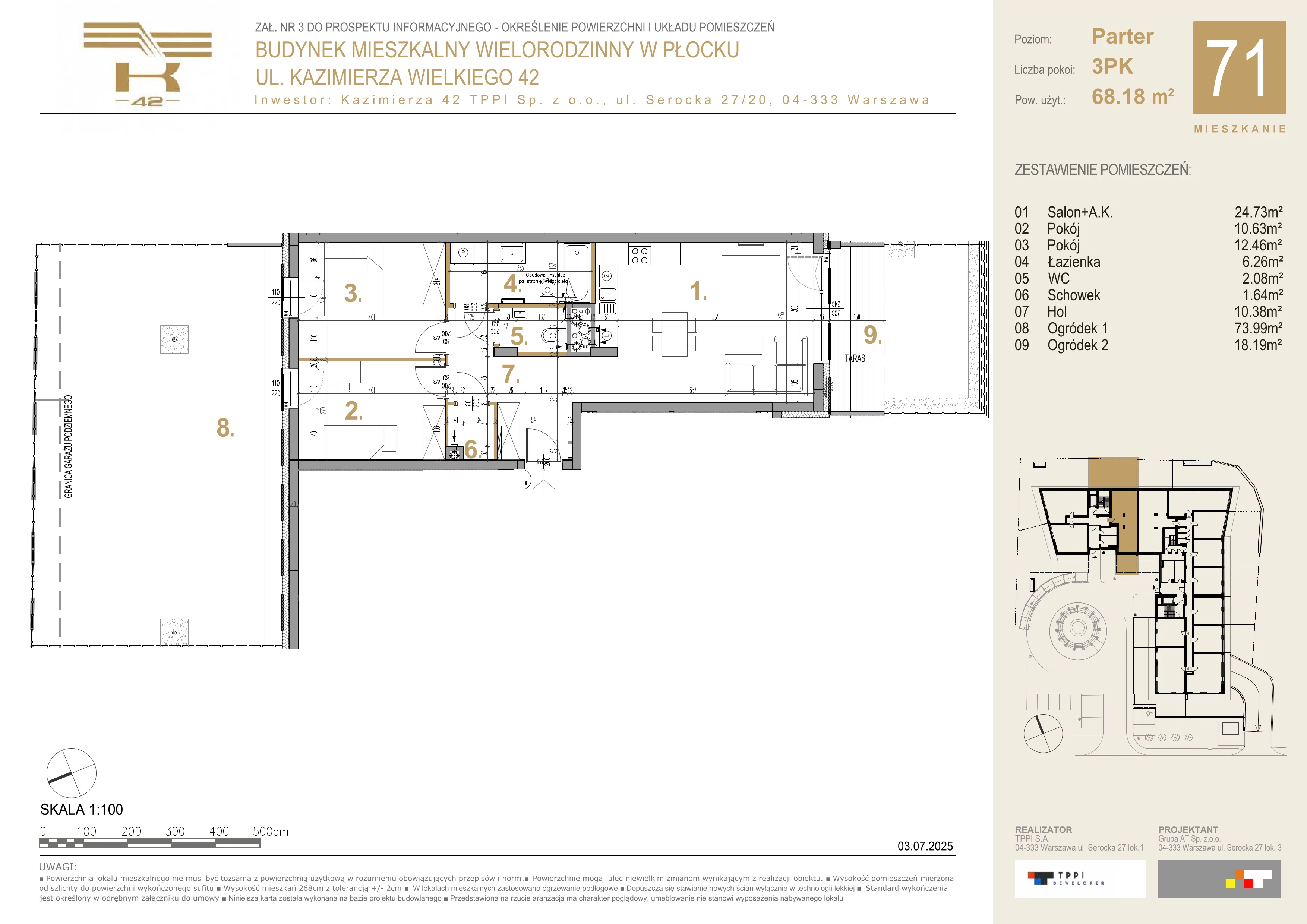 3 pokoje, mieszkanie 68,18 m², parter, oferta nr 71, K-42, Płock, ul. Kazimierza Wielkiego 42
