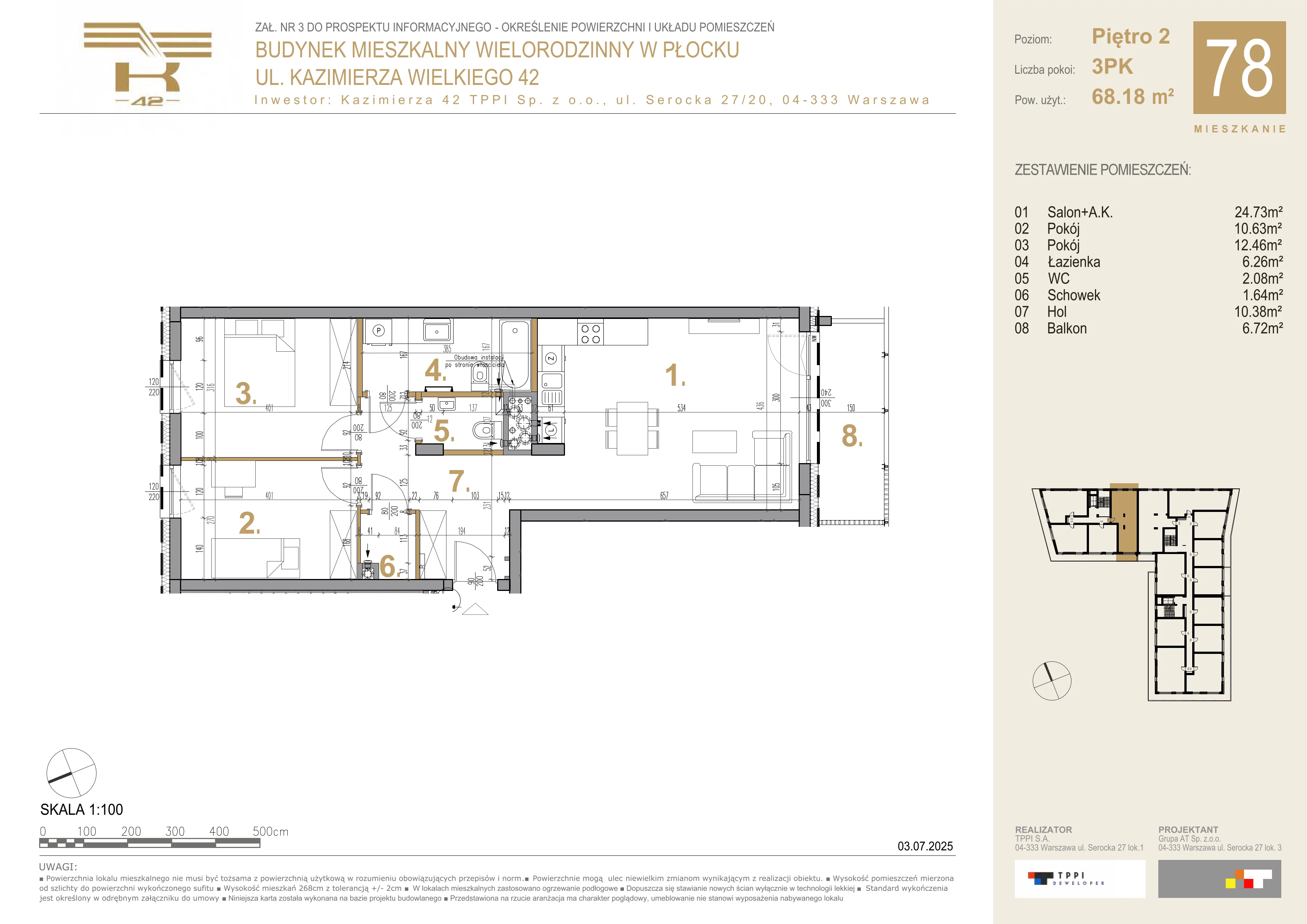 3 pokoje, mieszkanie 68,18 m², piętro 2, oferta nr 78, K-42, Płock, ul. Kazimierza Wielkiego 42