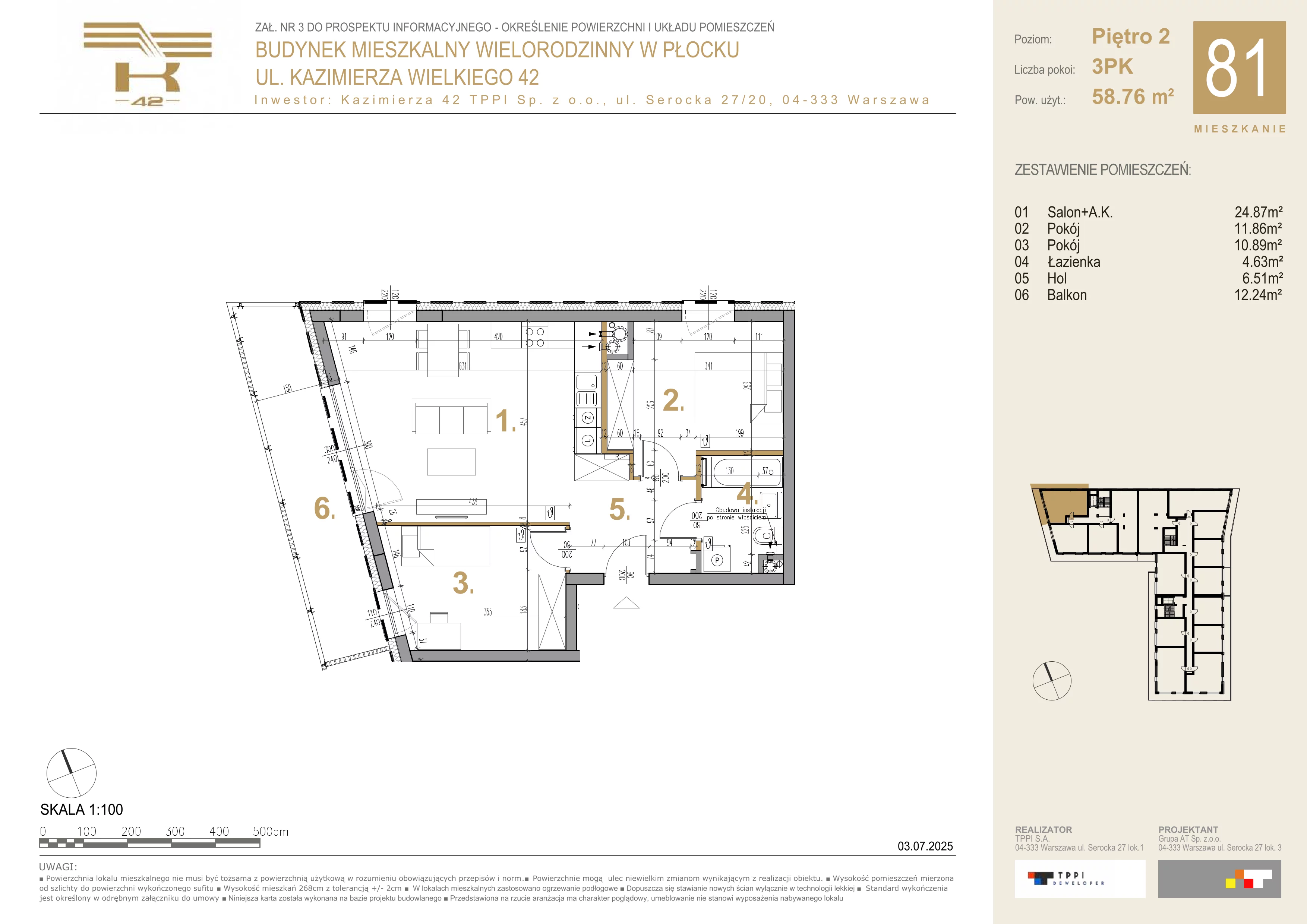 3 pokoje, mieszkanie 58,76 m², piętro 2, oferta nr 81, K-42, Płock, ul. Kazimierza Wielkiego 42