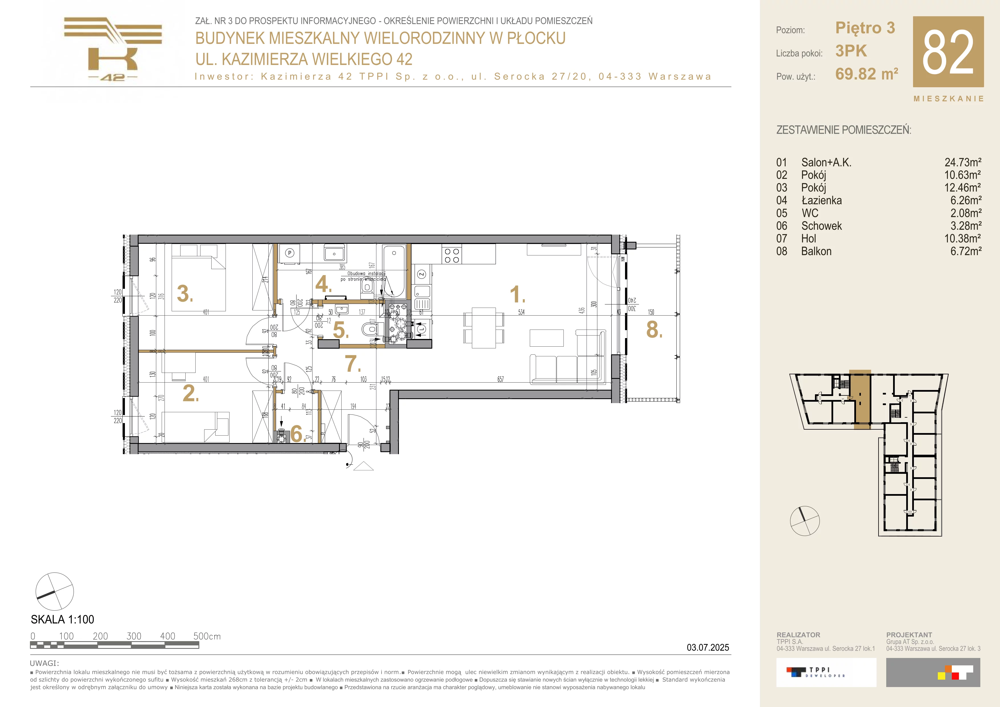 3 pokoje, mieszkanie 69,82 m², piętro 3, oferta nr 82, K-42, Płock, ul. Kazimierza Wielkiego 42