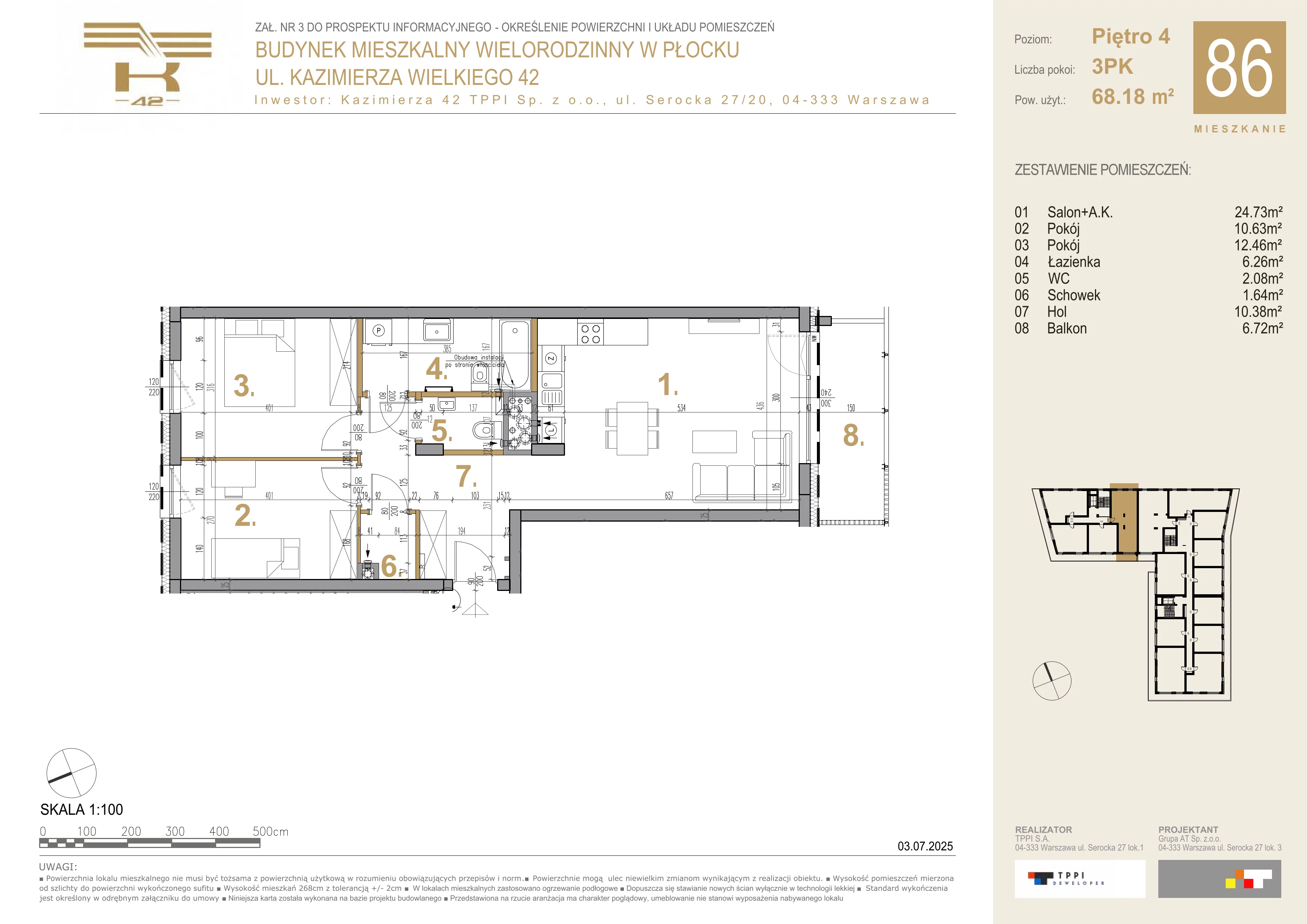 3 pokoje, mieszkanie 68,18 m², piętro 4, oferta nr 86, K-42, Płock, ul. Kazimierza Wielkiego 42