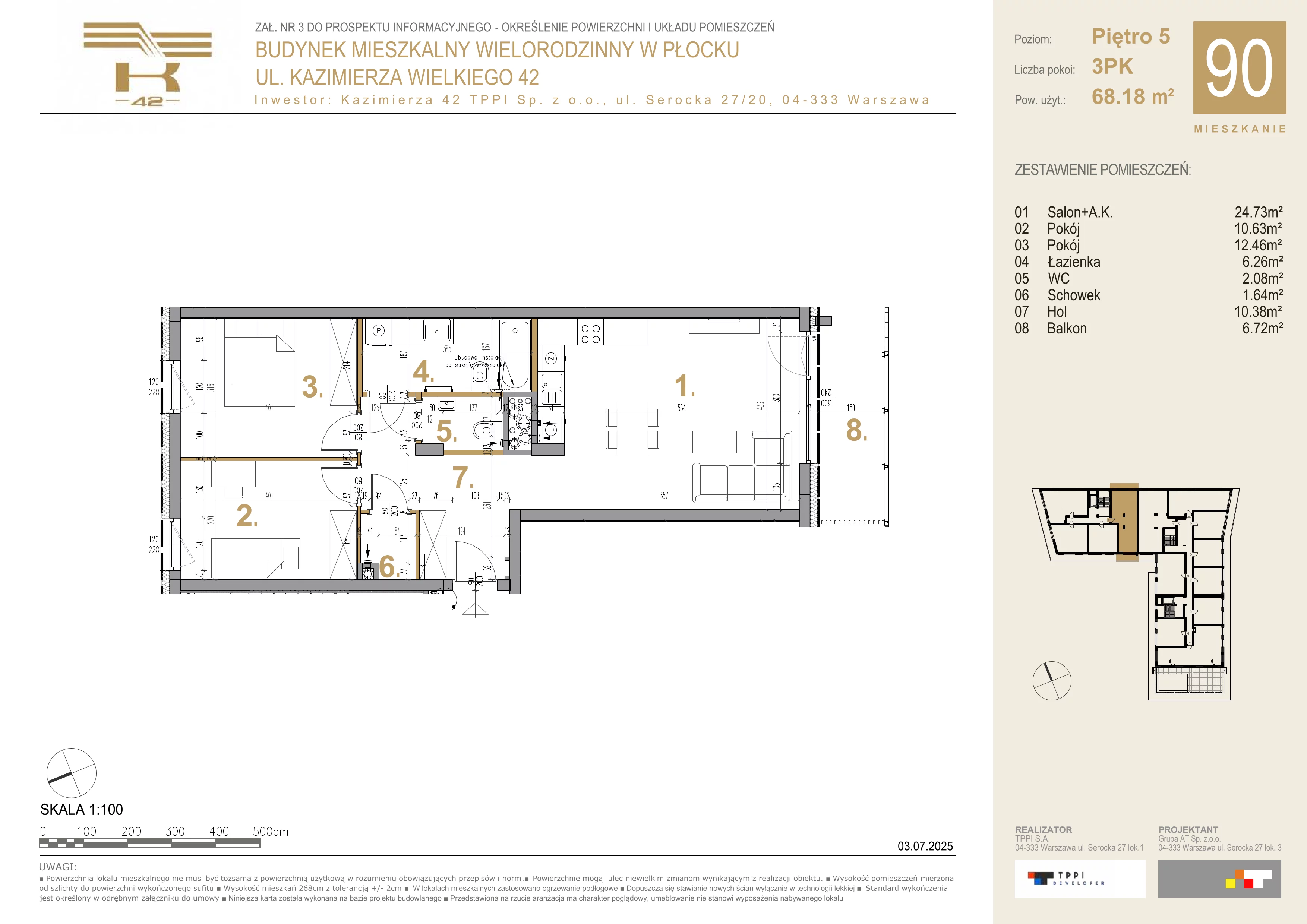 3 pokoje, mieszkanie 68,18 m², piętro 5, oferta nr 90, K-42, Płock, ul. Kazimierza Wielkiego 42